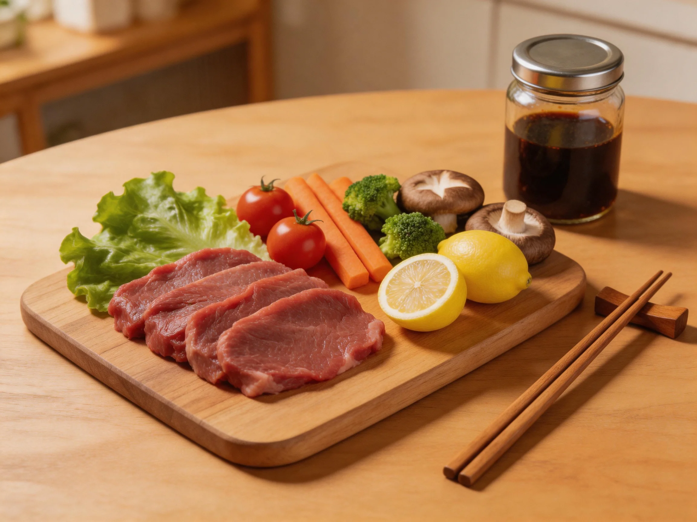 Fresh ingredients arranged on a wooden cutting board with soy sauce and chopsticks