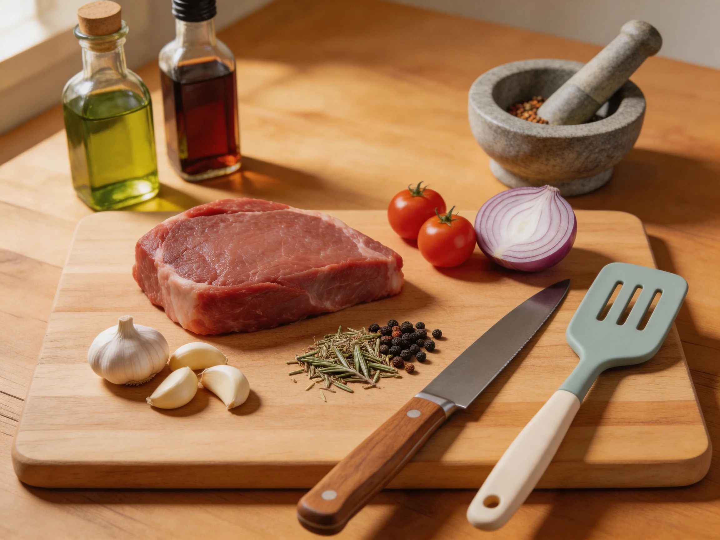 Fresh ingredients for cooking: meat, veggies, oils, and utensils