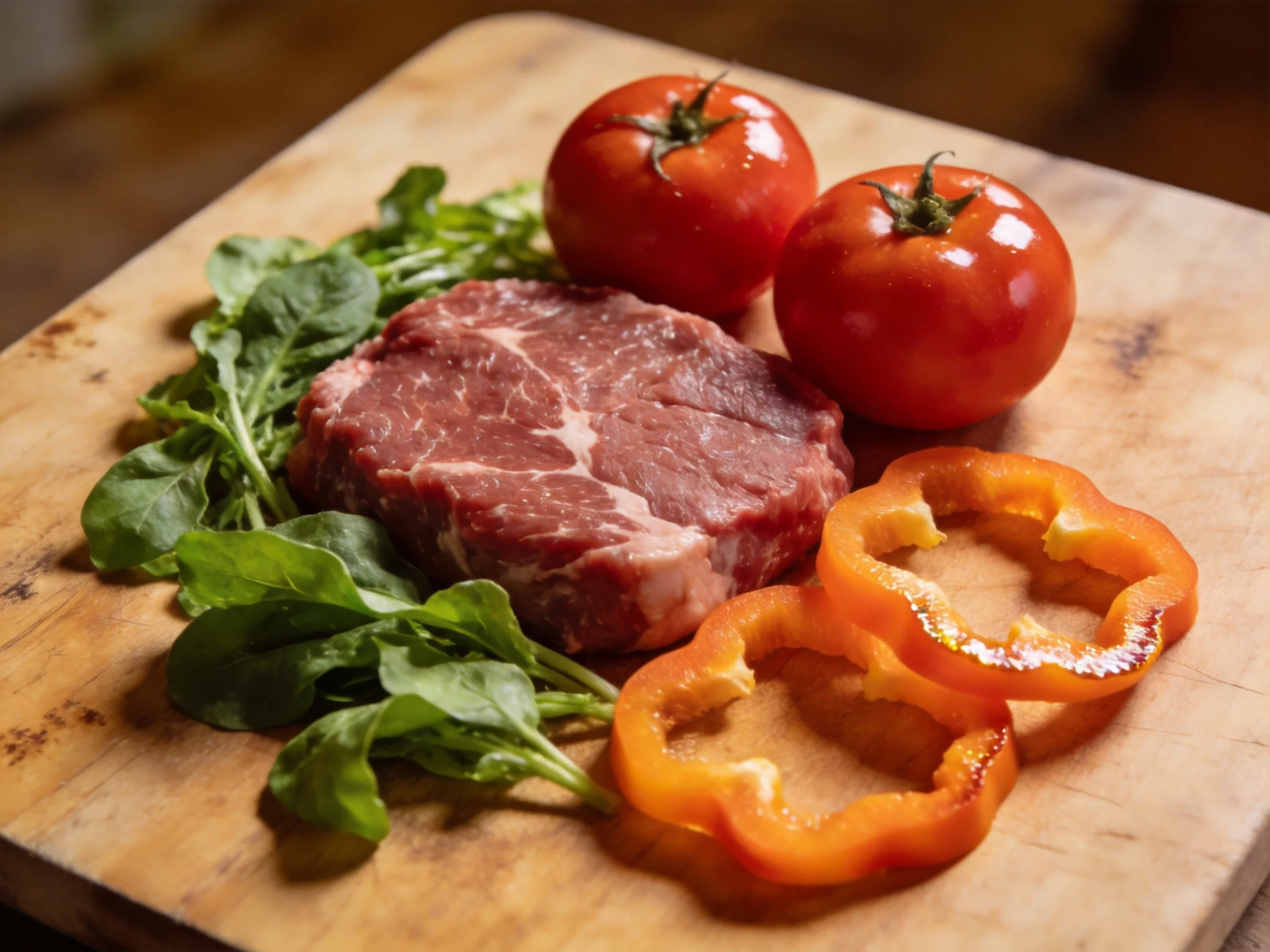 Fresh ingredients including tomatoes, steak, arugula, and bell pepper slices on a wooden cutting boar