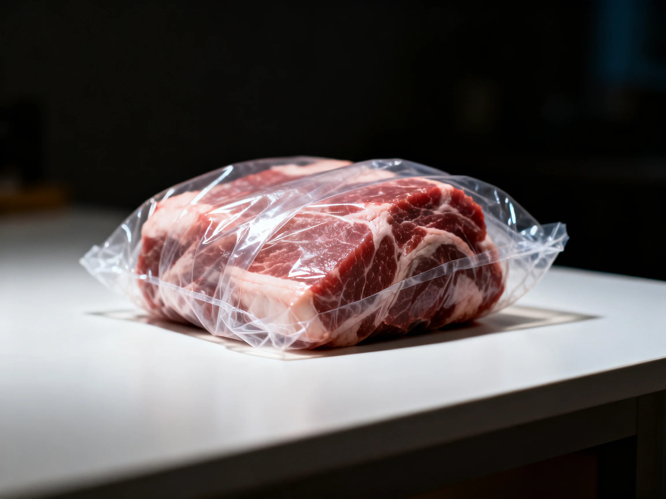 Fresh marbled red beef wrapped in transparent plastic packaging
