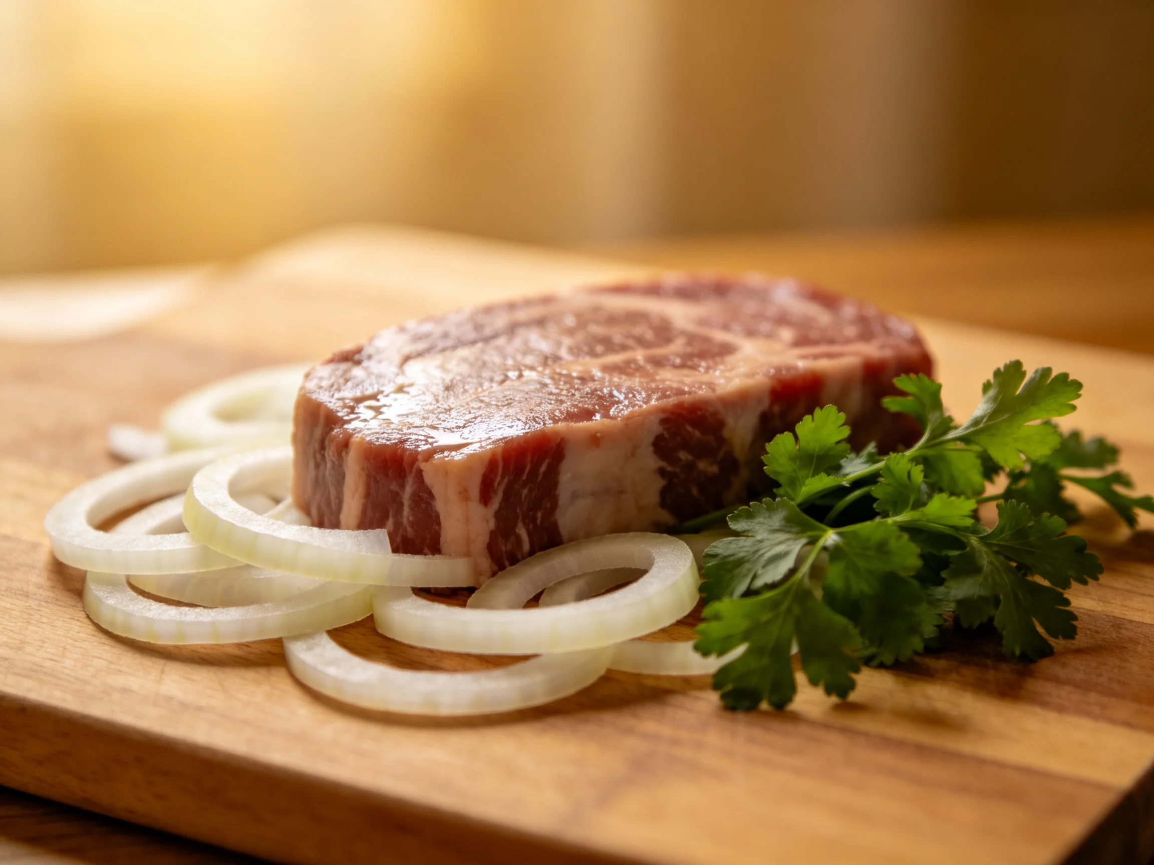 Fresh marbled red meat with white onion slices and green herbs on a wooden cutting board