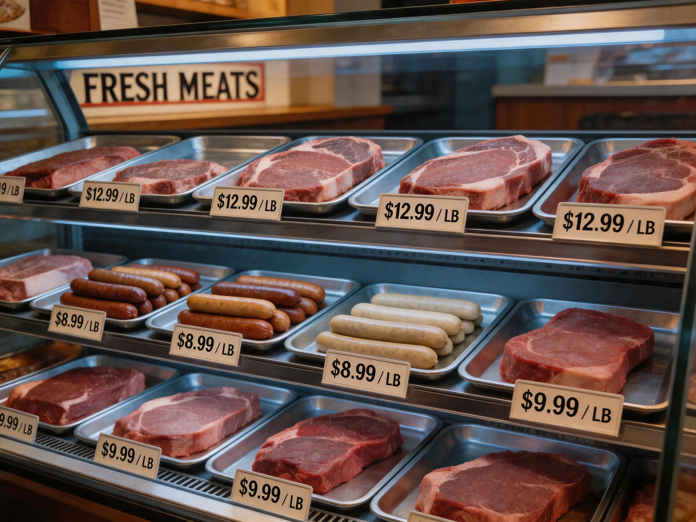 Fresh meats displayed in metal trays with price labels