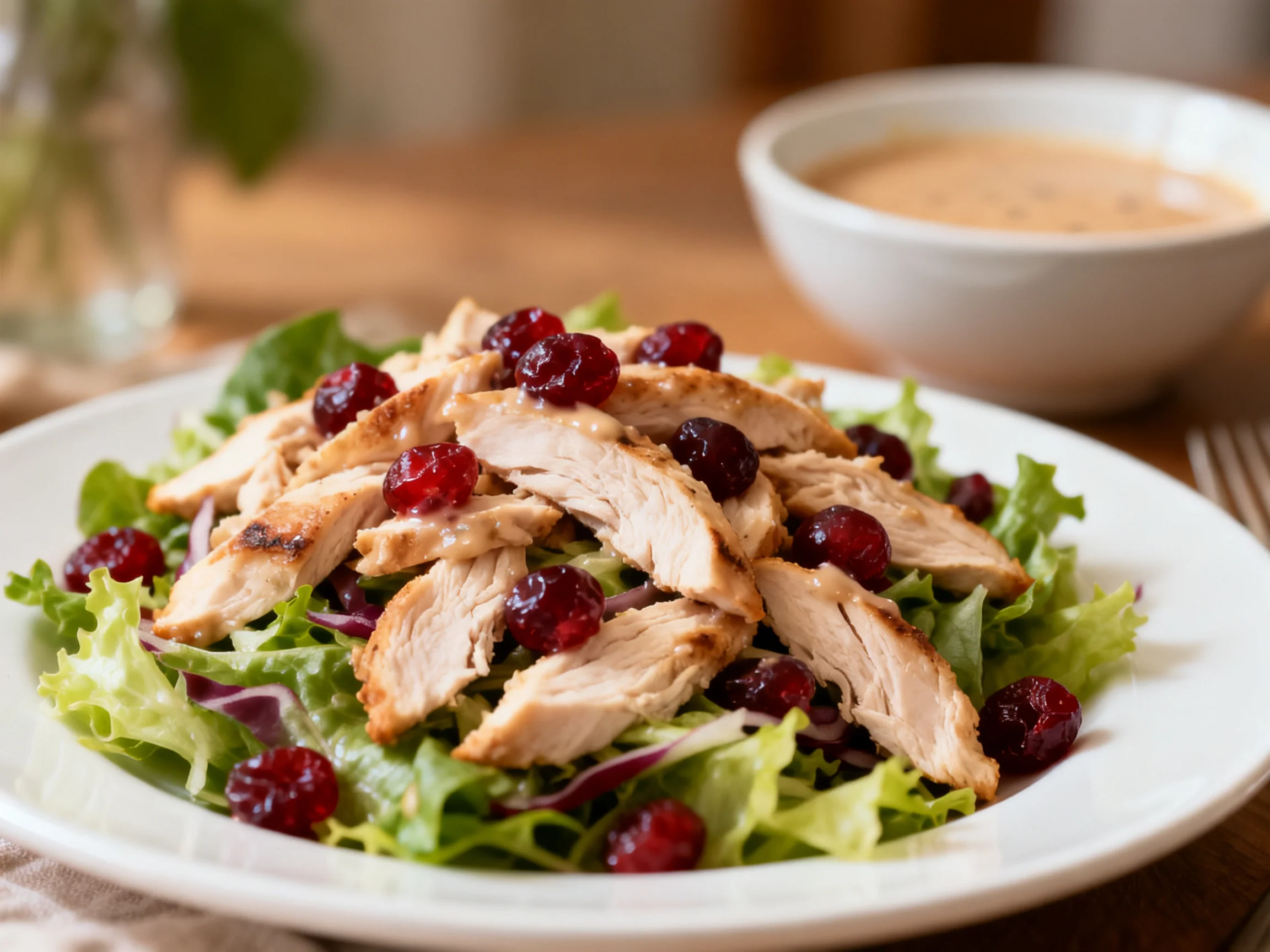 Fresh mixed green salad with grilled chicken and cranberries