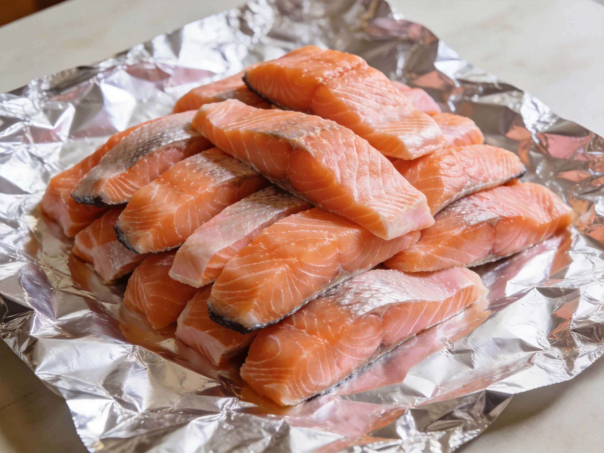Fresh orange salmon fillets stacked on crinkled aluminum foil