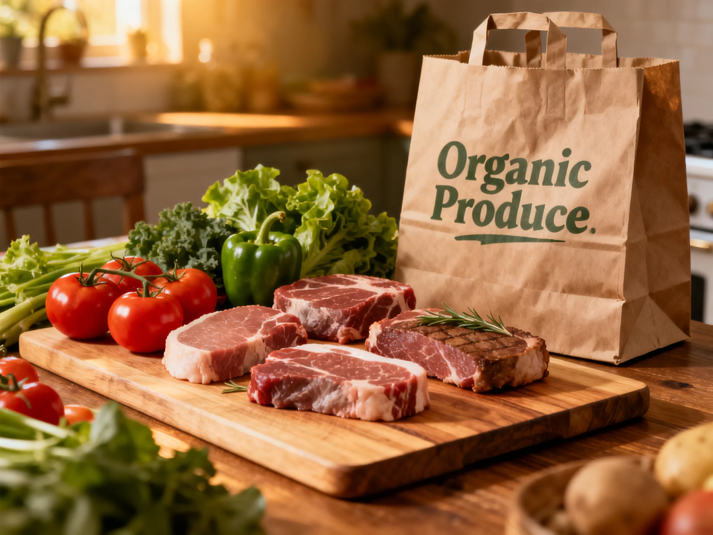 Fresh organic veggies and meats displayed near an Organic Produce bag