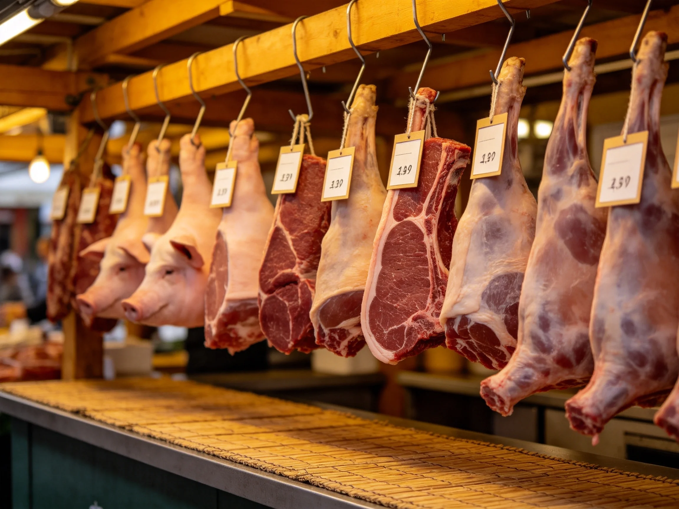 Fresh pork and beef hang from hooks in a rustic market