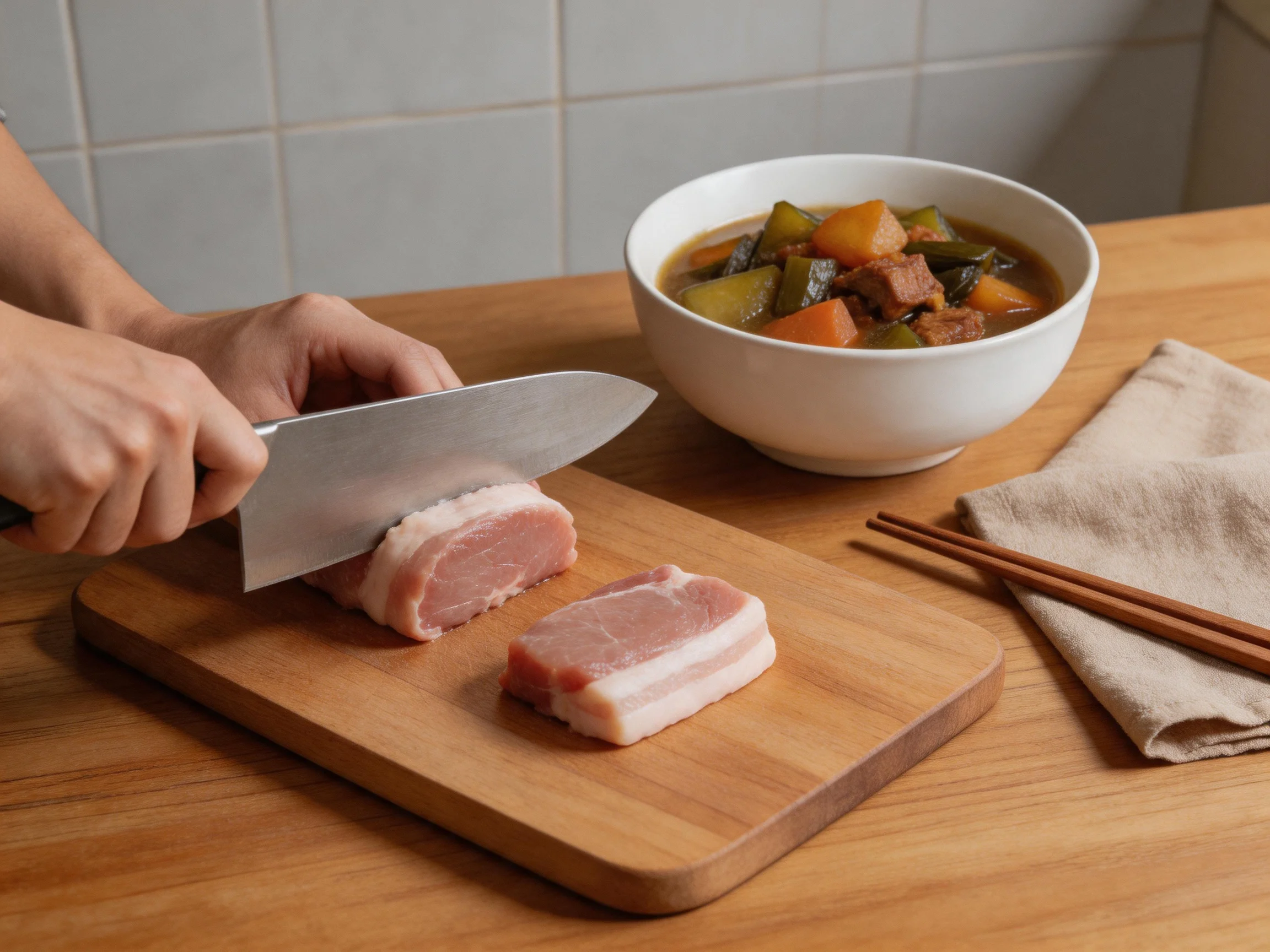 Fresh pork being sliced beside a bowl of vegetable stew