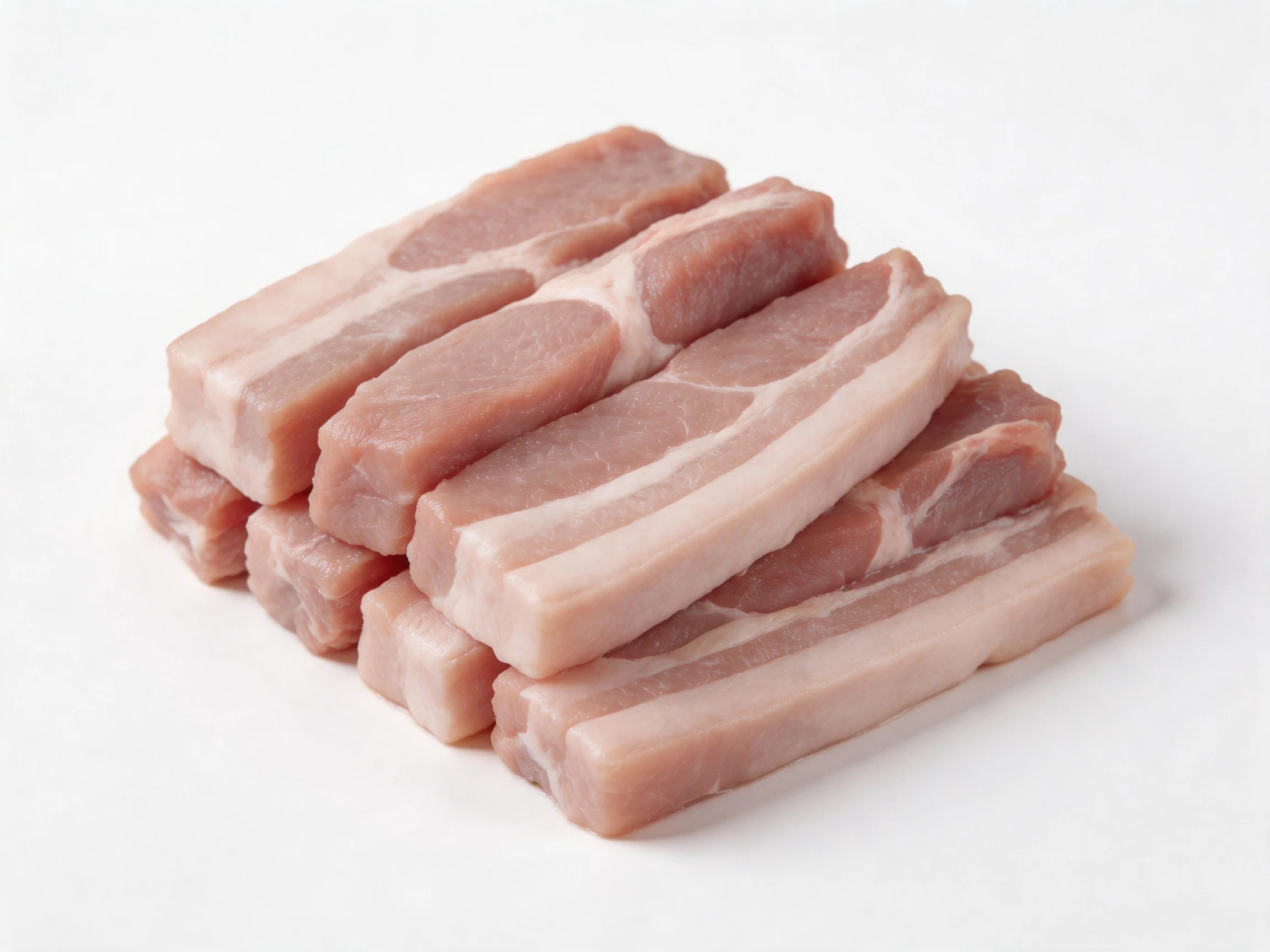 Fresh pork cuts stacked, showcasing marbling and natural coloration