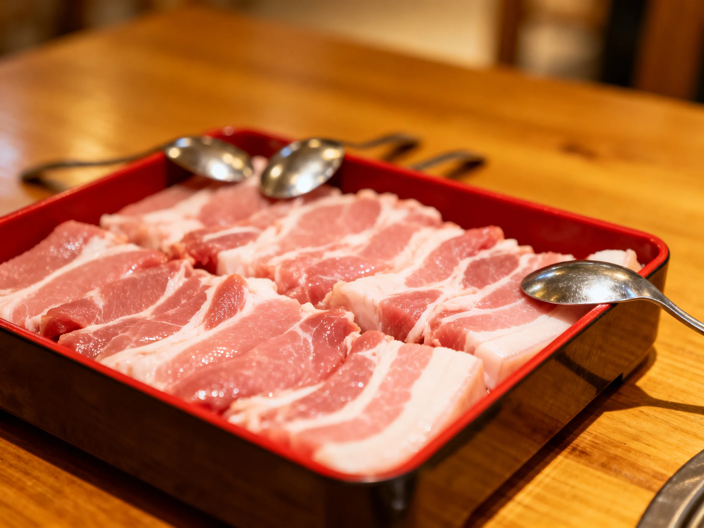 Fresh pork slices in a red tray with metal serving utensils
