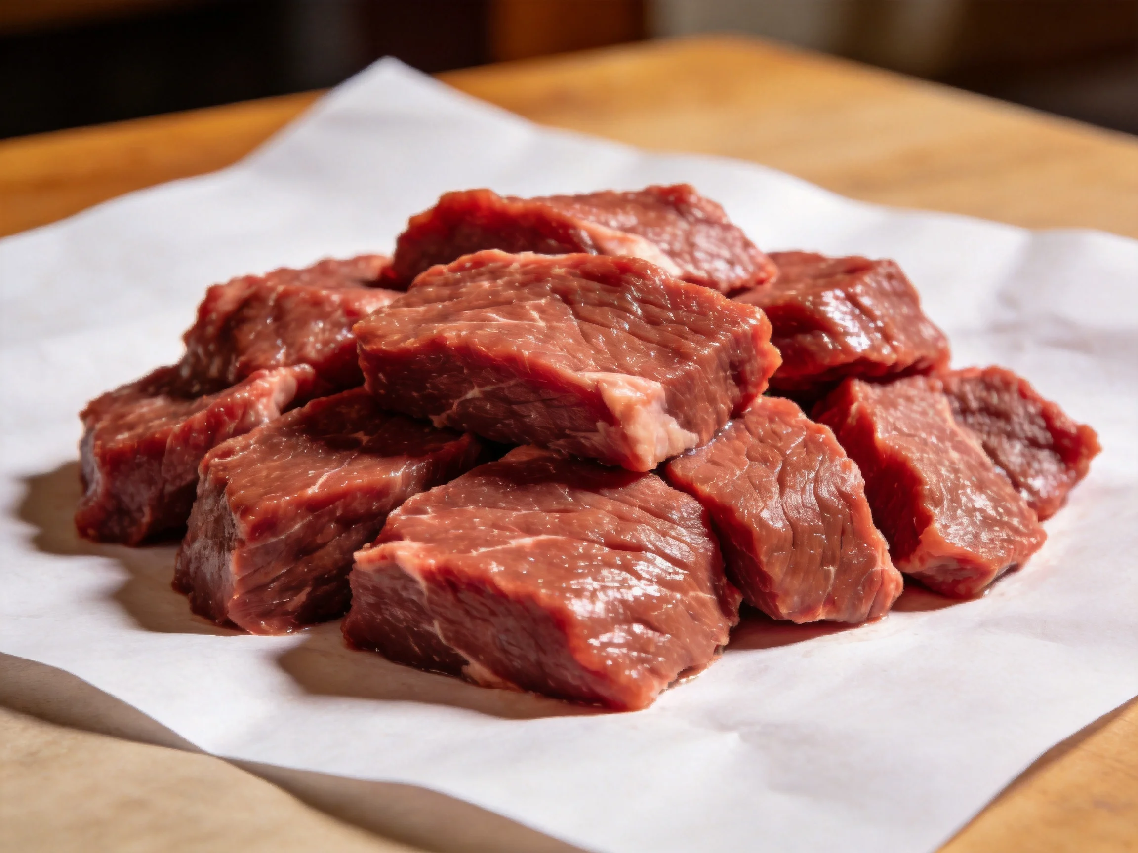 Fresh raw beef chunks stacked on white paper over a wooden table
