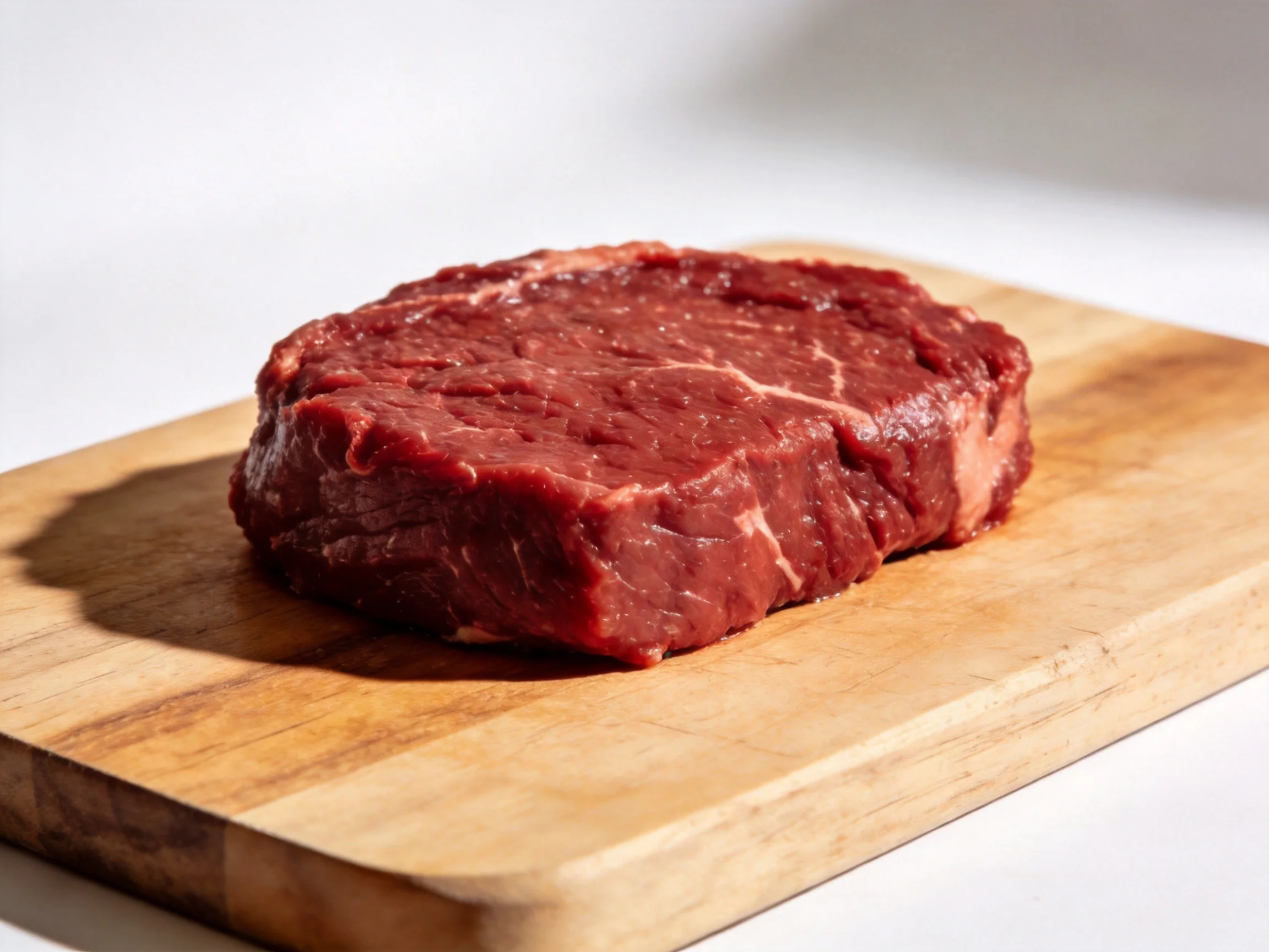 Fresh raw beef steak displayed on a wooden cutting board