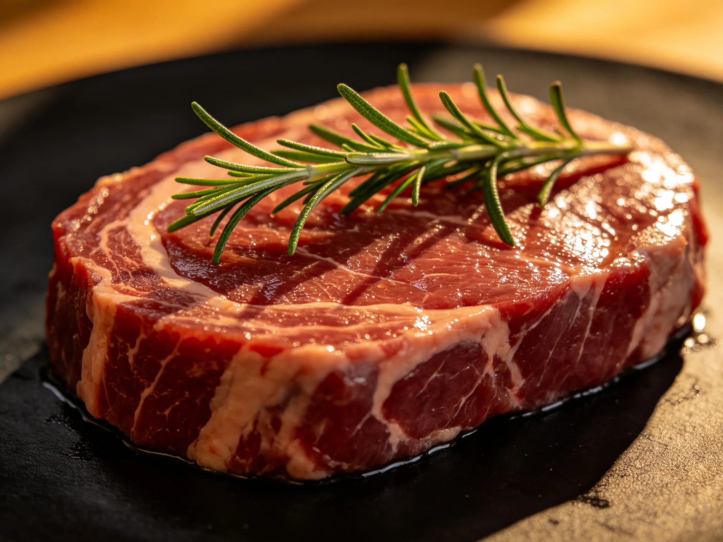 Fresh raw beef steak garnished with rosemary sprigs