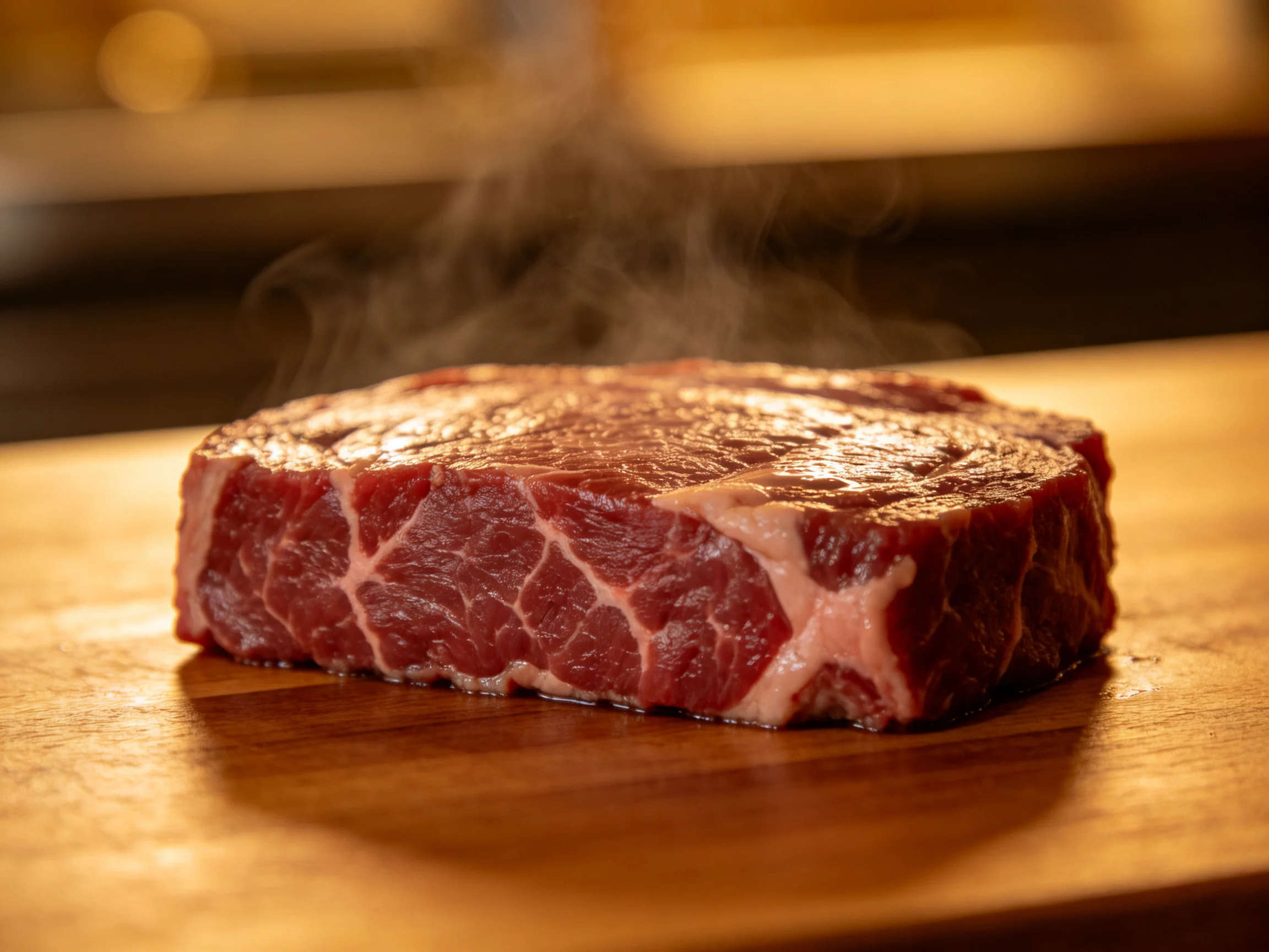 Fresh raw beef steak on polished wooden cutting board with rising steam