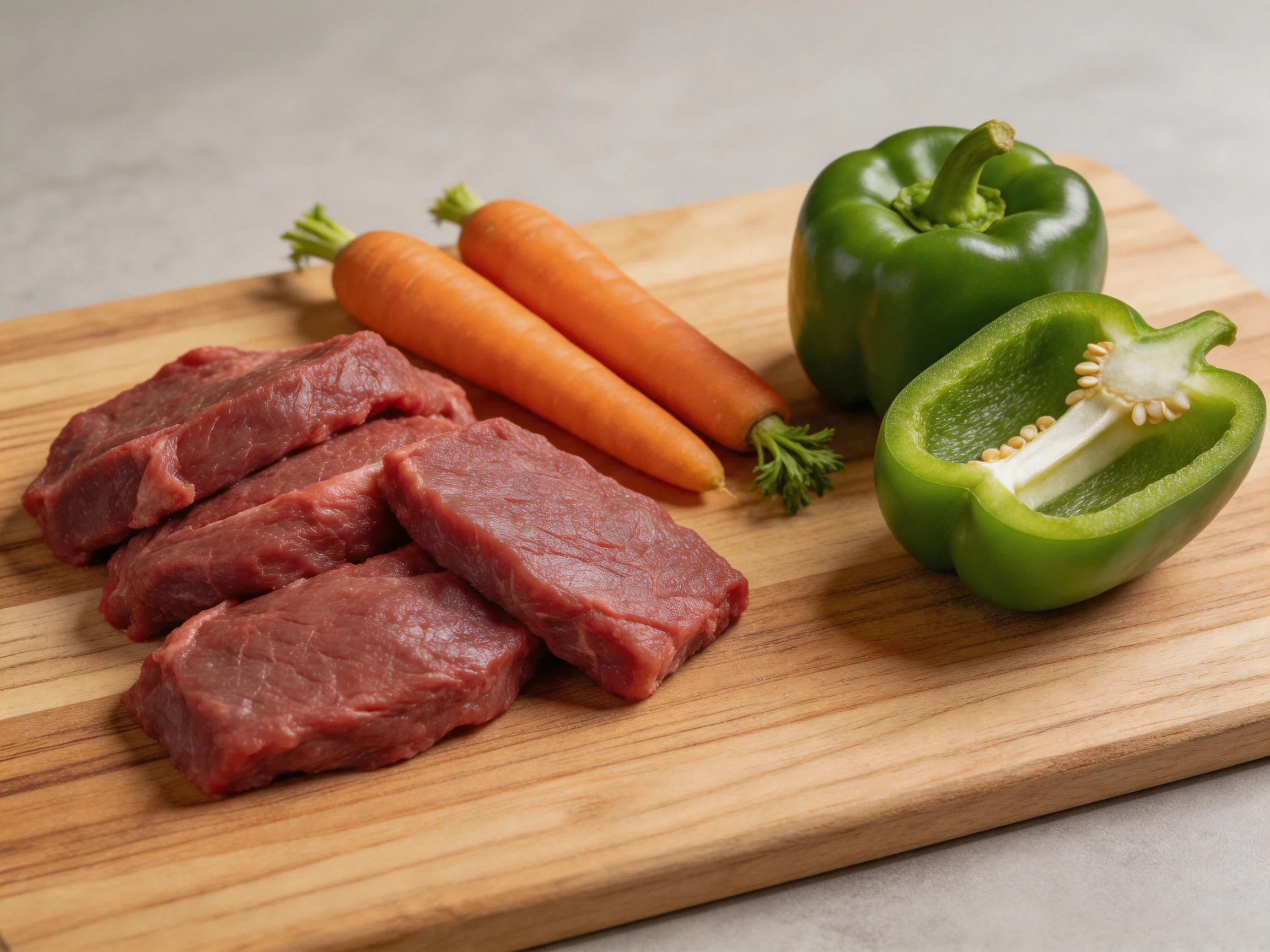 Fresh raw beef, two carrots, and green bell peppers on a wooden cutting board