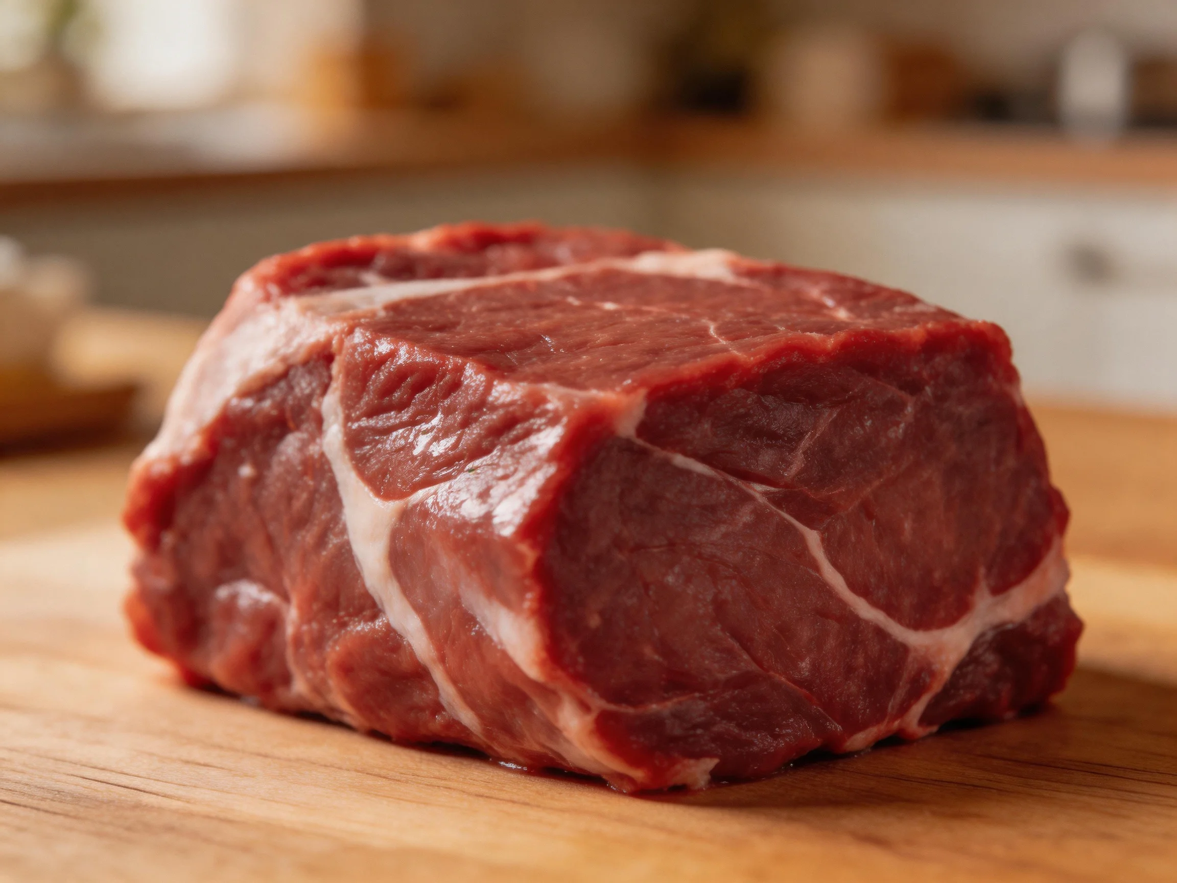 Fresh raw beef with white marbling on wooden cutting board