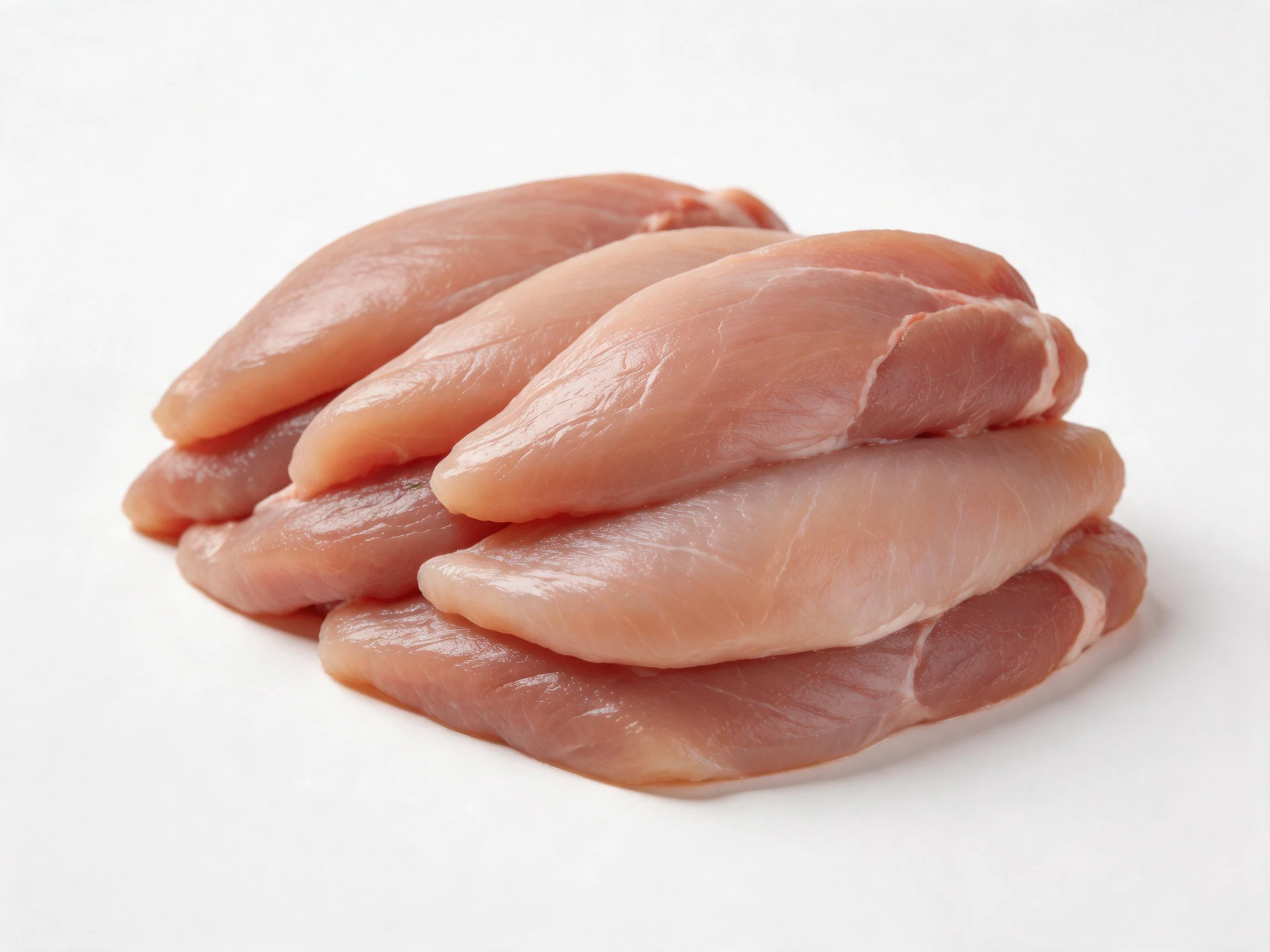 Fresh raw chicken breast fillets stacked on a white surface