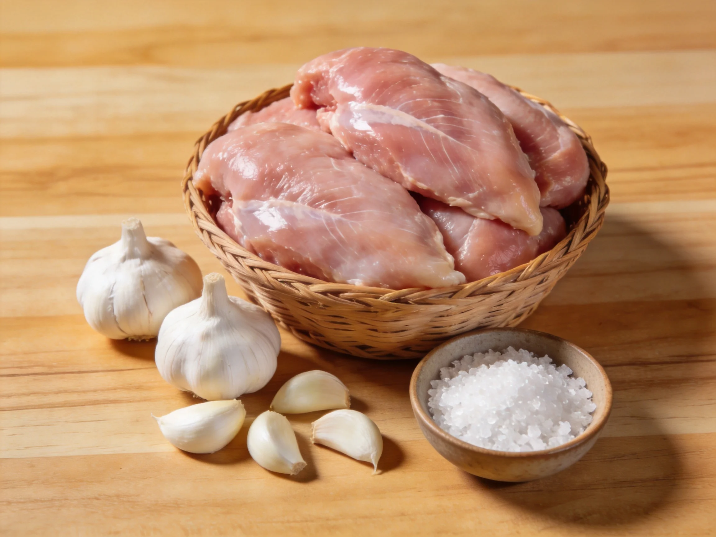 Fresh raw chicken breasts with garlic cloves and coarse salt