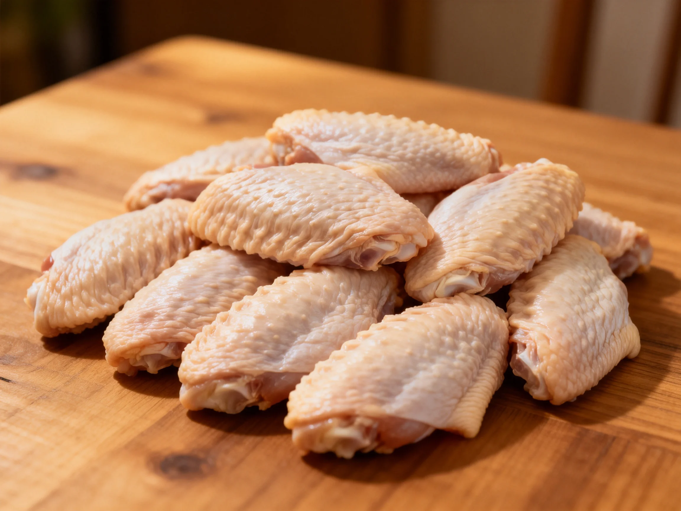 Fresh raw chicken wings piled on a wooden cutting board