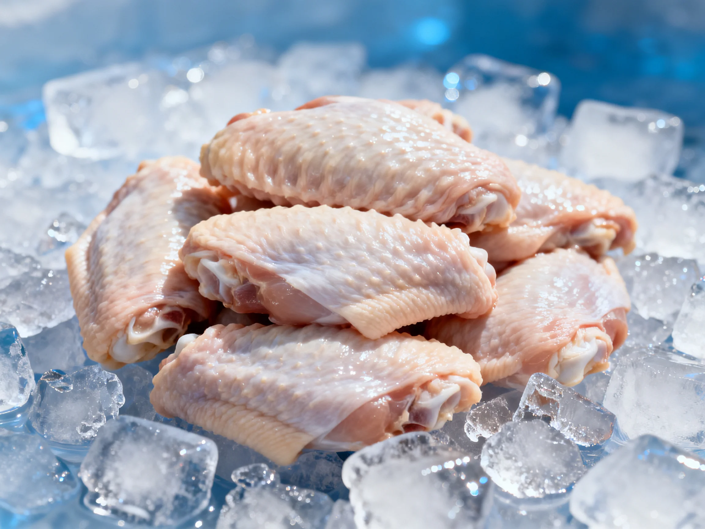 Fresh raw chicken wings stacked on clear ice cubes