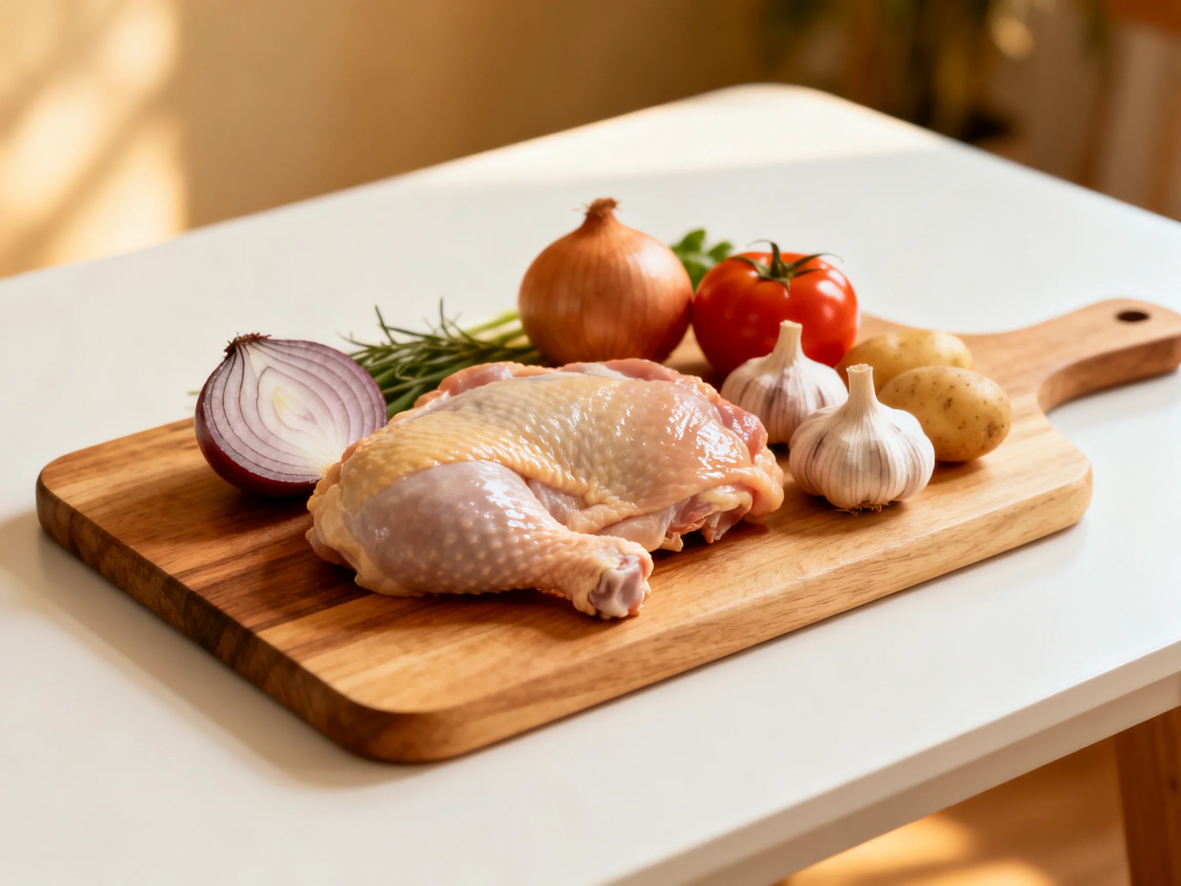 Fresh raw chicken with assorted vegetables on wooden cutting board