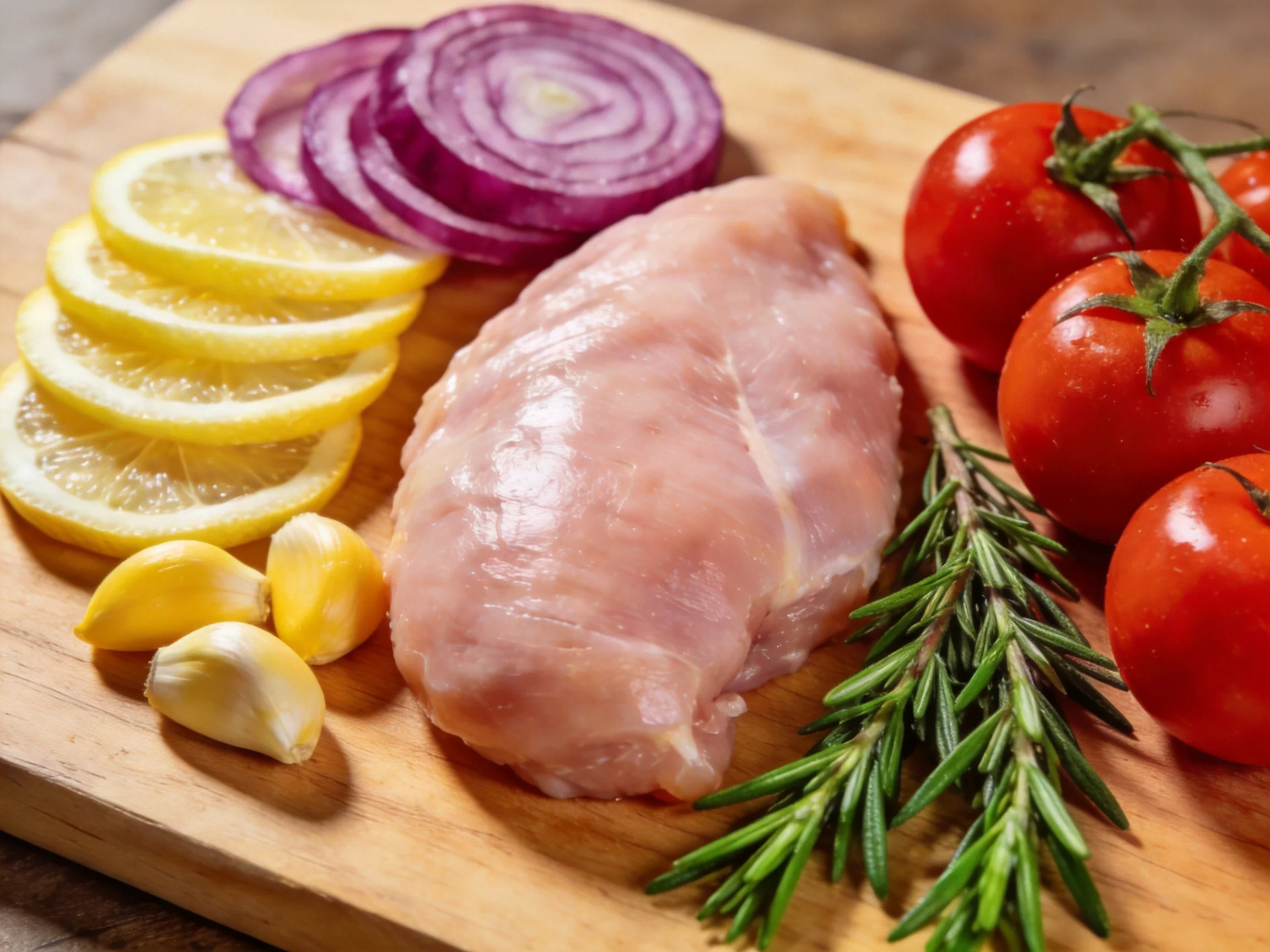 Fresh raw chicken with lemons, red onions, tomatoes, garlic, and rosemary on a wooden cutting board