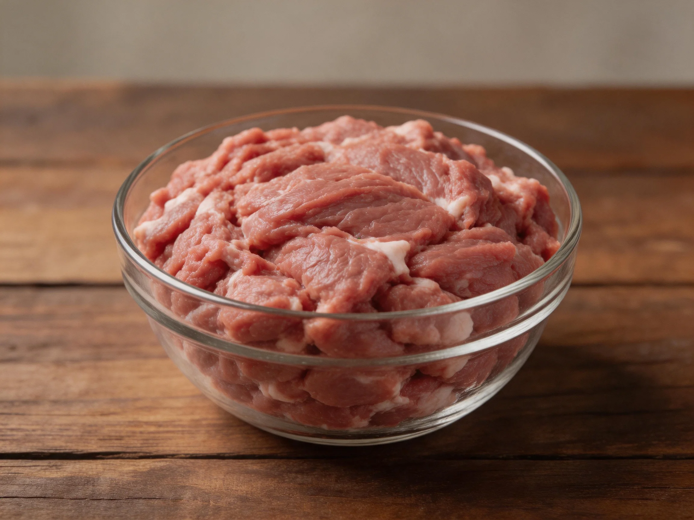 Fresh raw ground meat in a clear glass bowl on a wooden surface