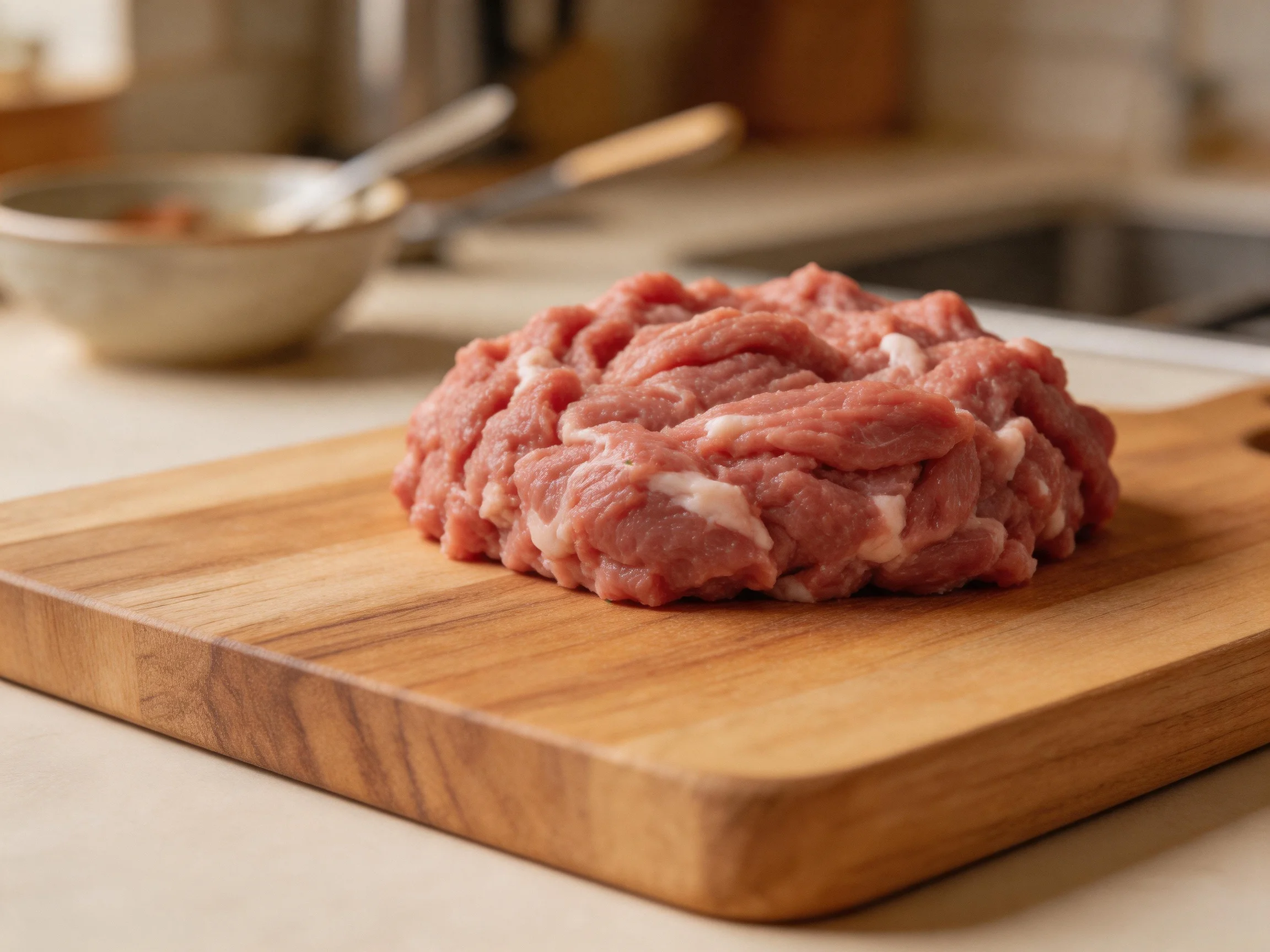 Fresh raw ground meat piled on a wooden cutting board