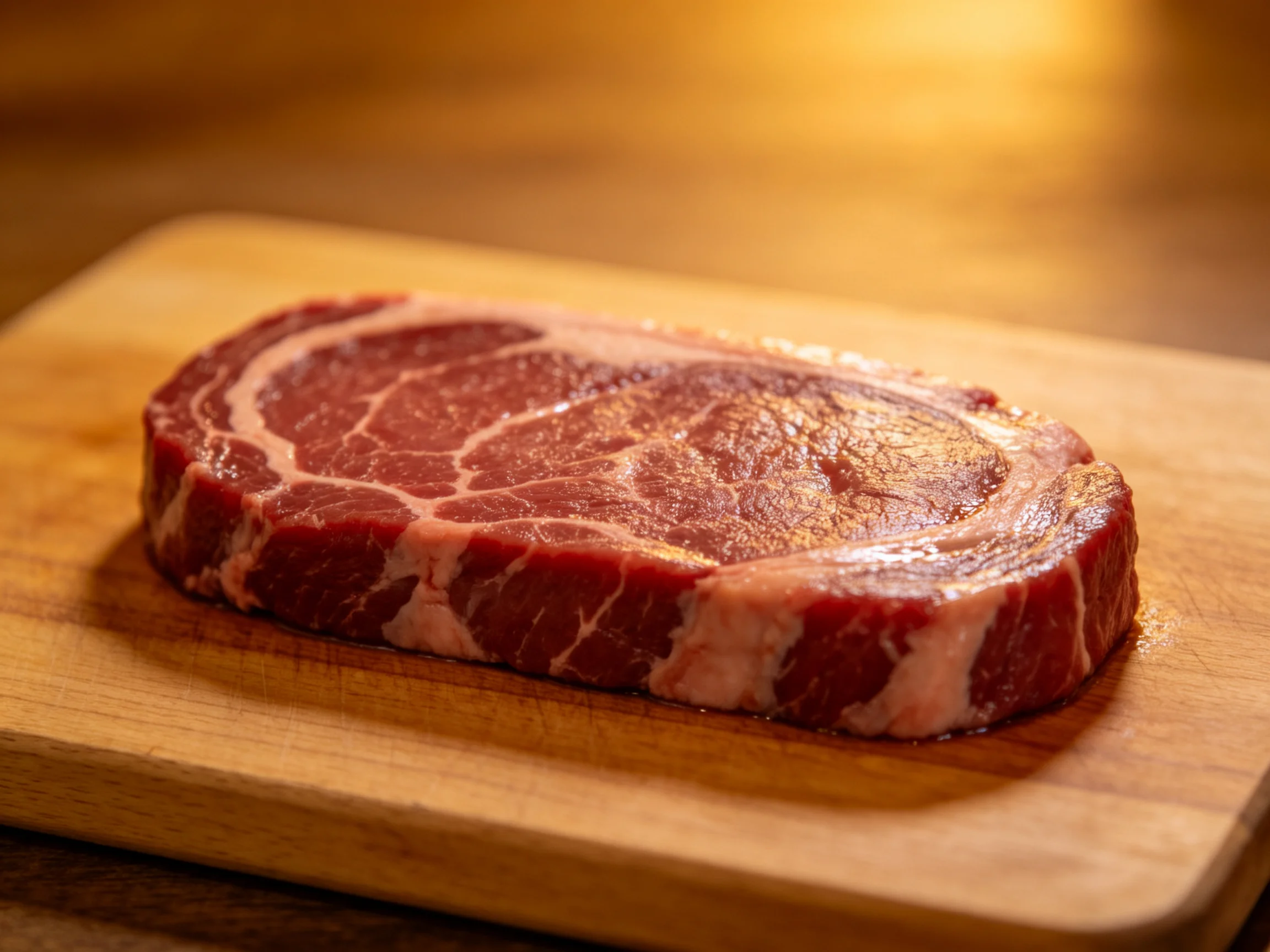 Fresh raw marbled beef steak on a wooden cutting board