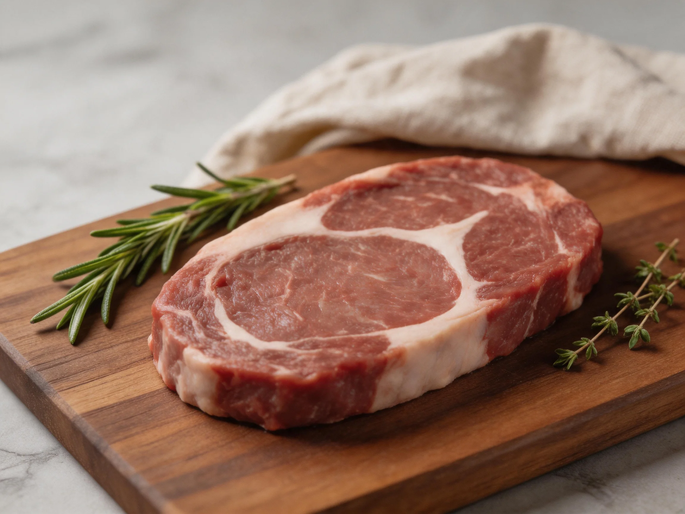 Fresh raw marbled meat on a wooden cutting board with herbs