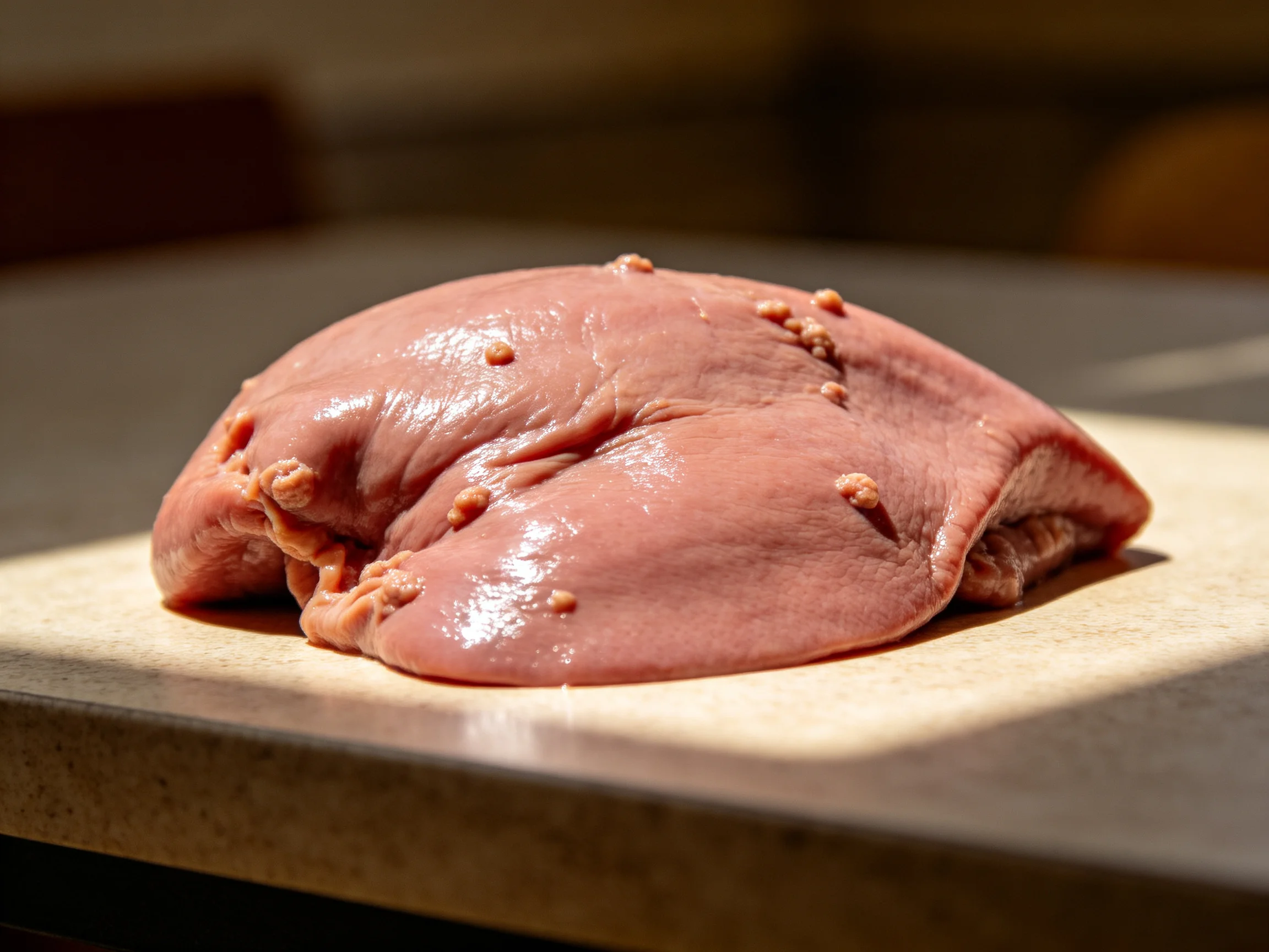 Fresh raw meat with small nodules on a cutting board