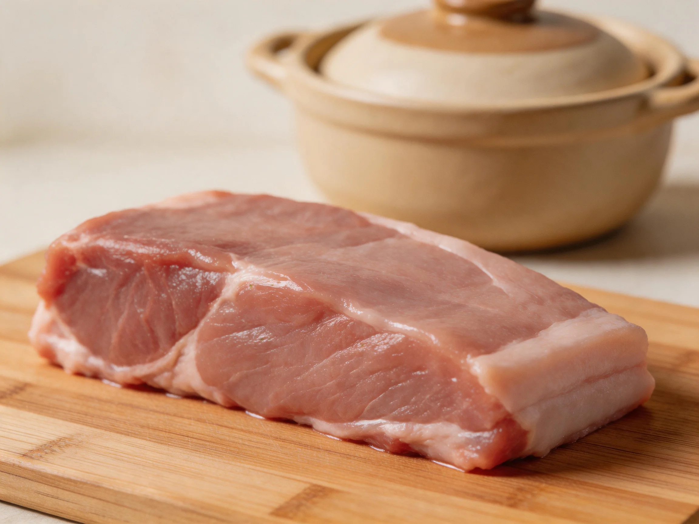 Fresh raw pork chop on bamboo cutting board beside beige ceramic pot