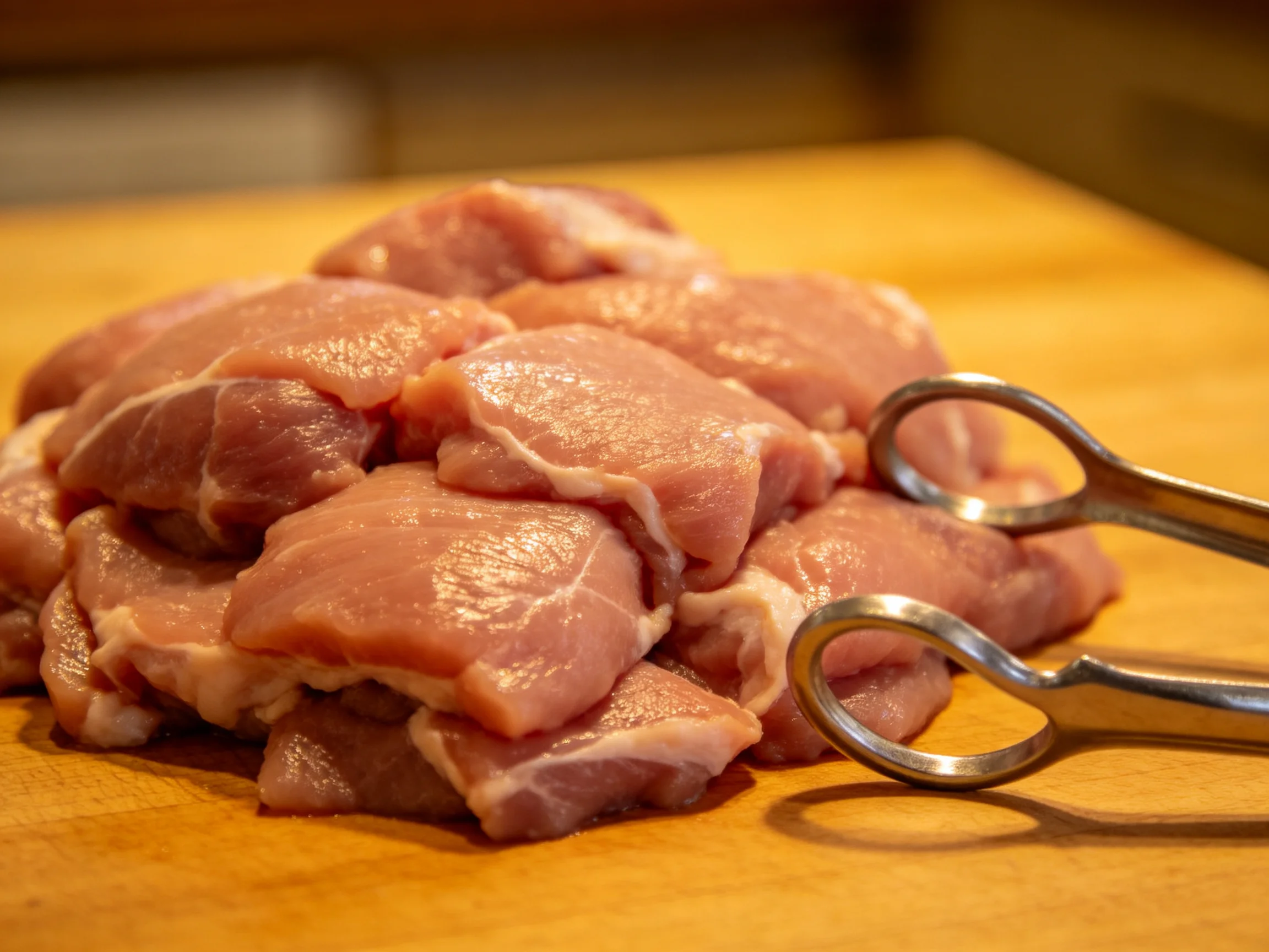 Fresh raw pork pieces on a wooden cutting board with metal tongs