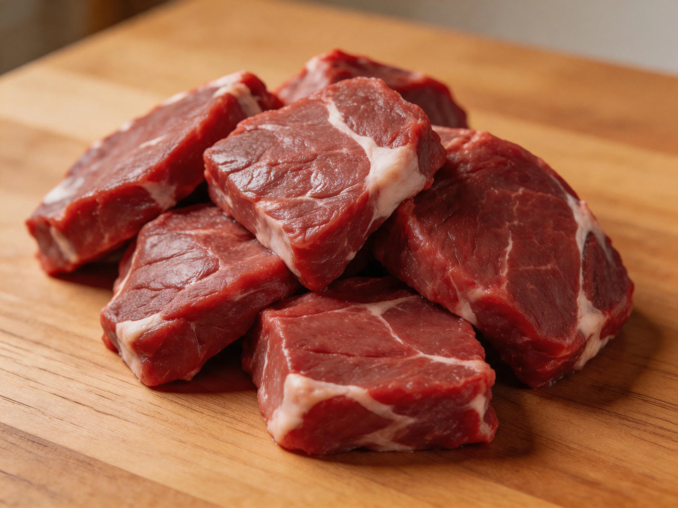 Fresh raw red beef chunks on a wooden cutting board