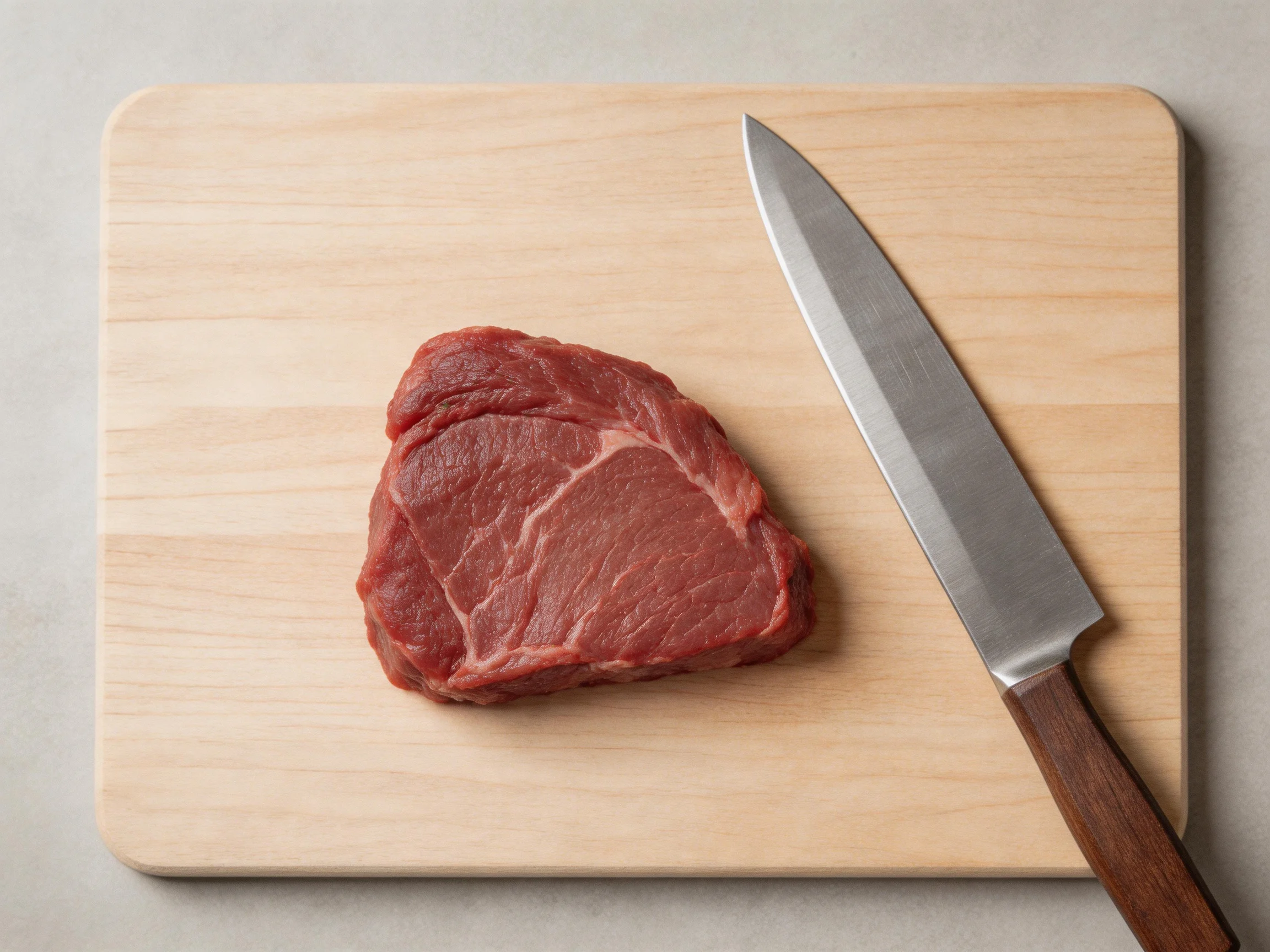 Fresh raw red beef on a light wooden cutting board with a stainless steel knife