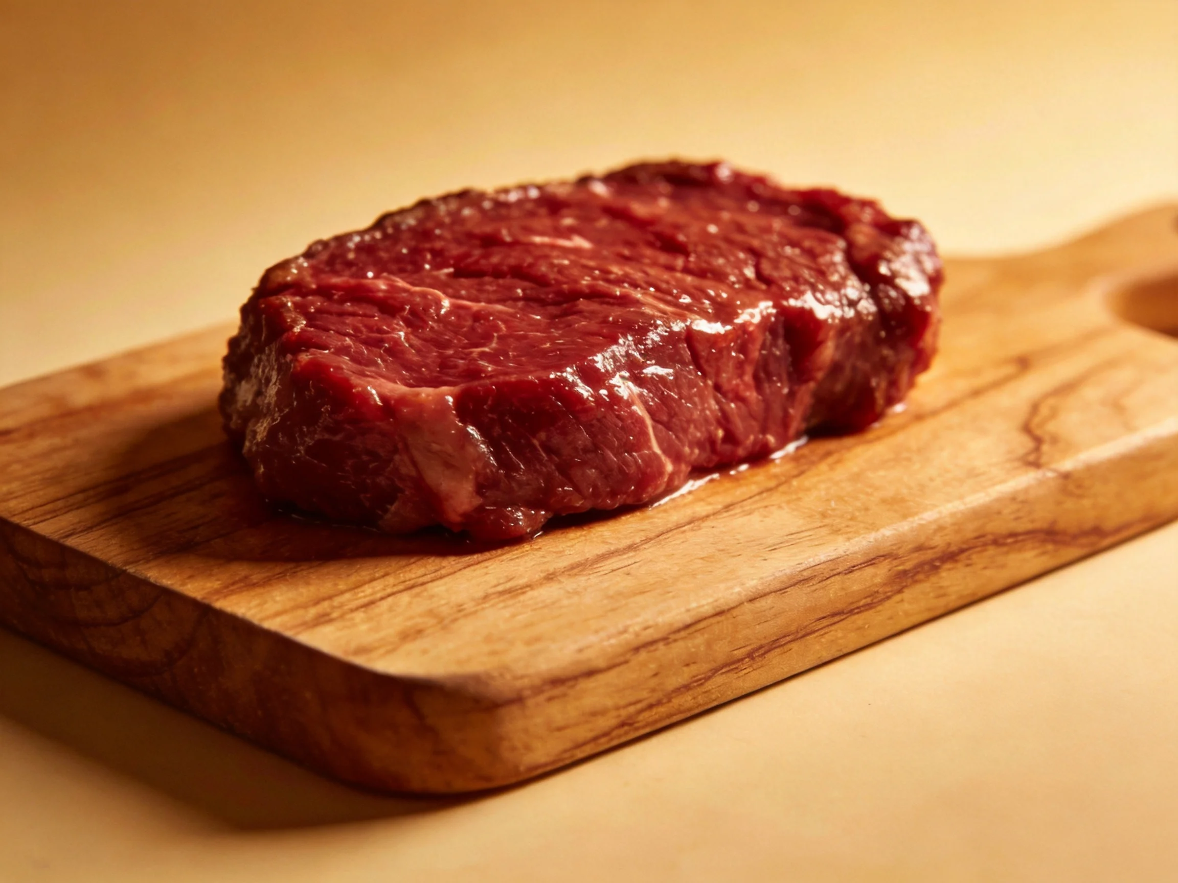 Fresh raw red beef steak displayed on a polished wooden cutting board