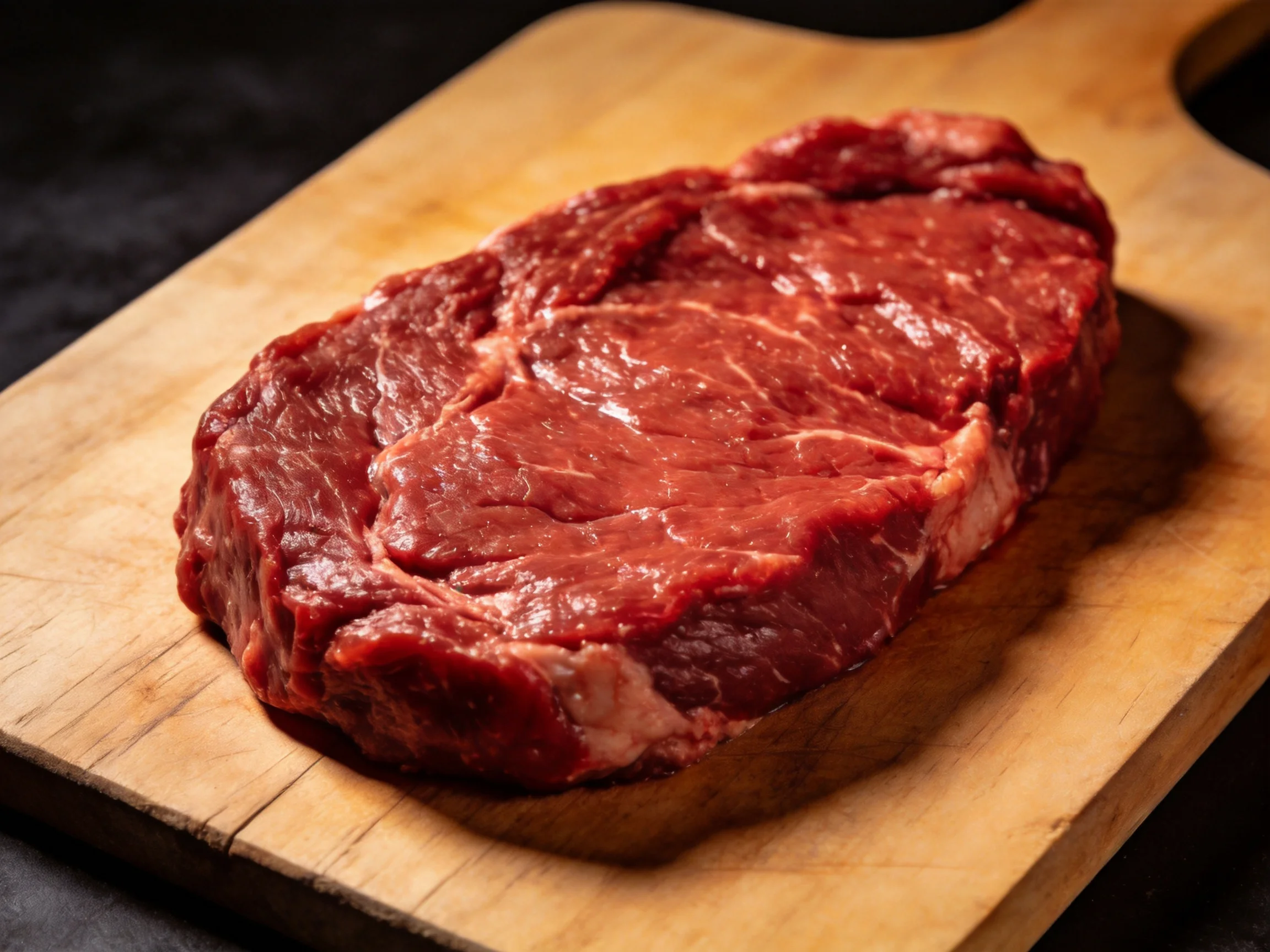 Fresh raw red beef steak displayed on a wooden cutting board