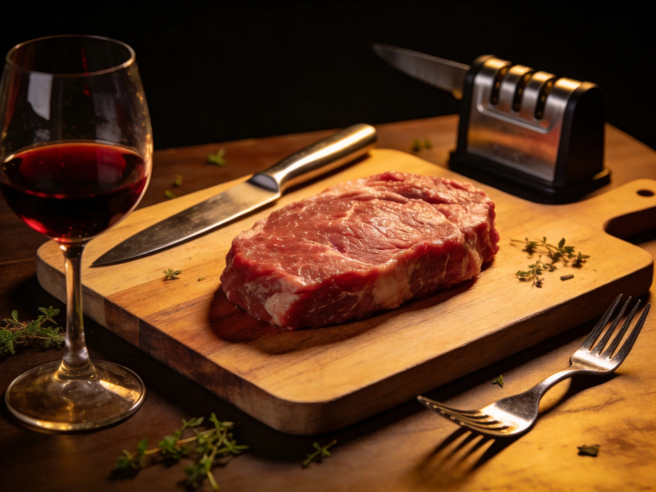 Fresh raw steak on a wooden cutting board with wine and utensils
