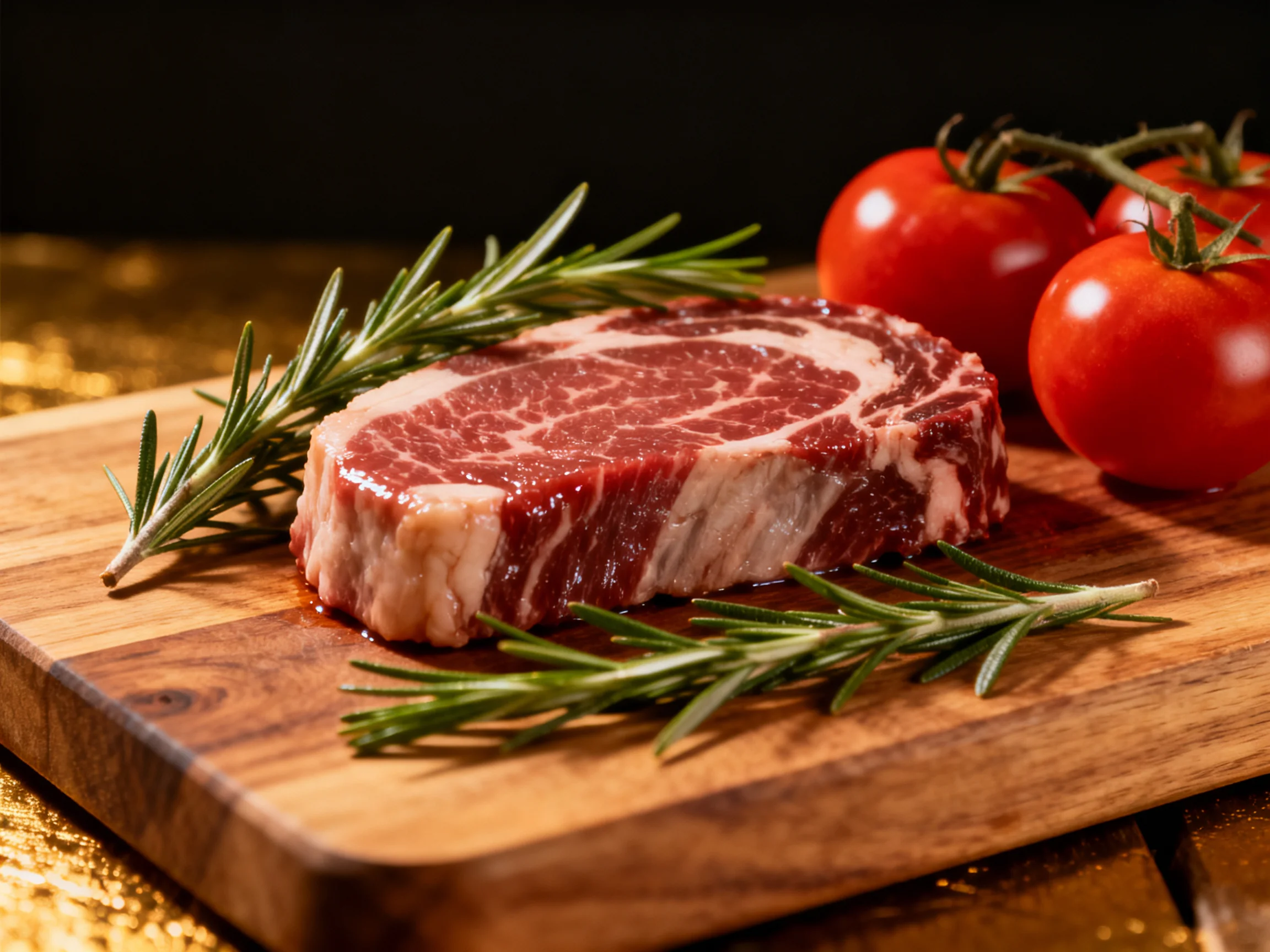 Fresh raw steak, vibrant red tomatoes, and rosemary on a wooden cutting board
