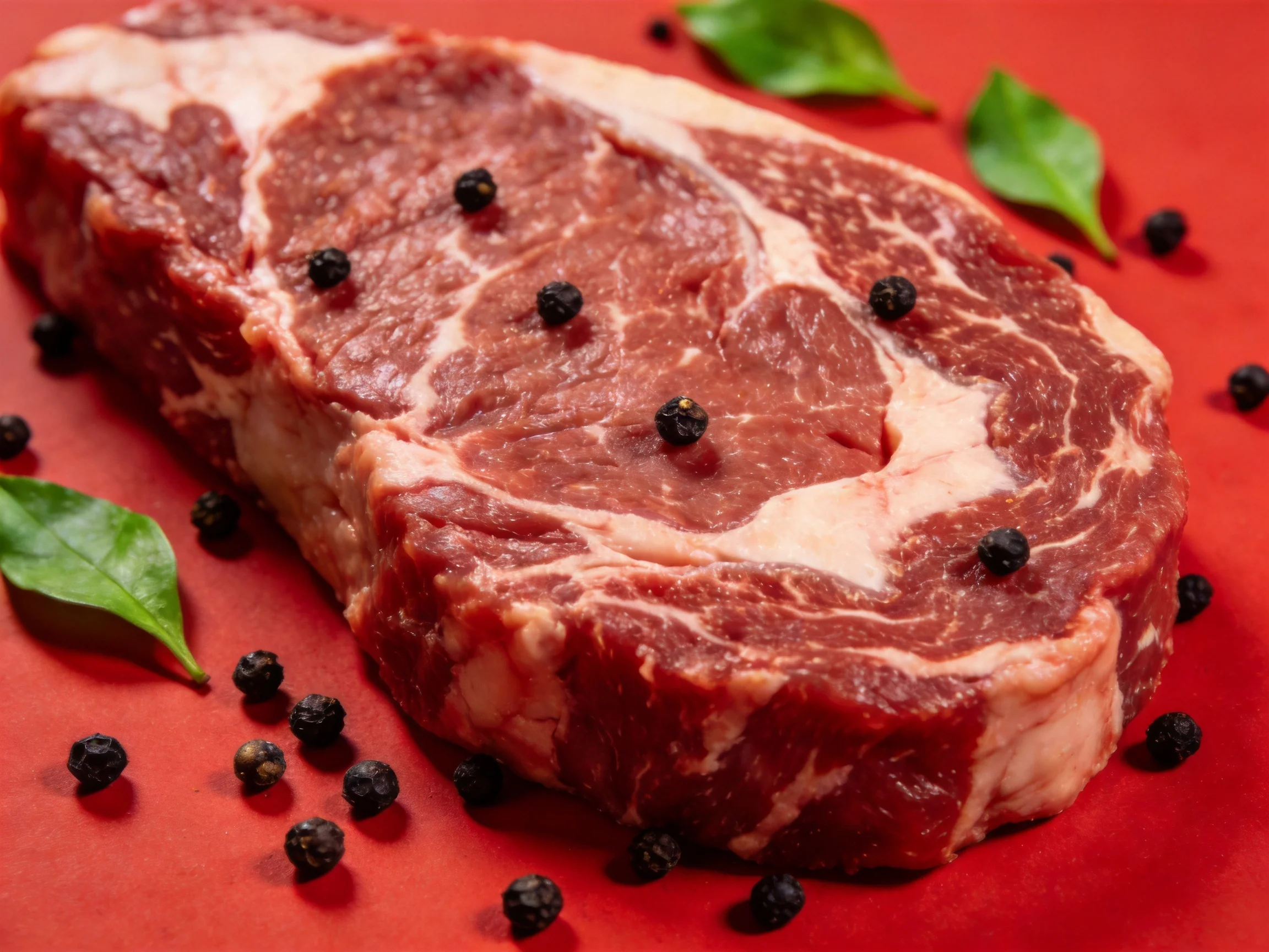 Fresh raw steak with black peppercorns and green leaves on red background