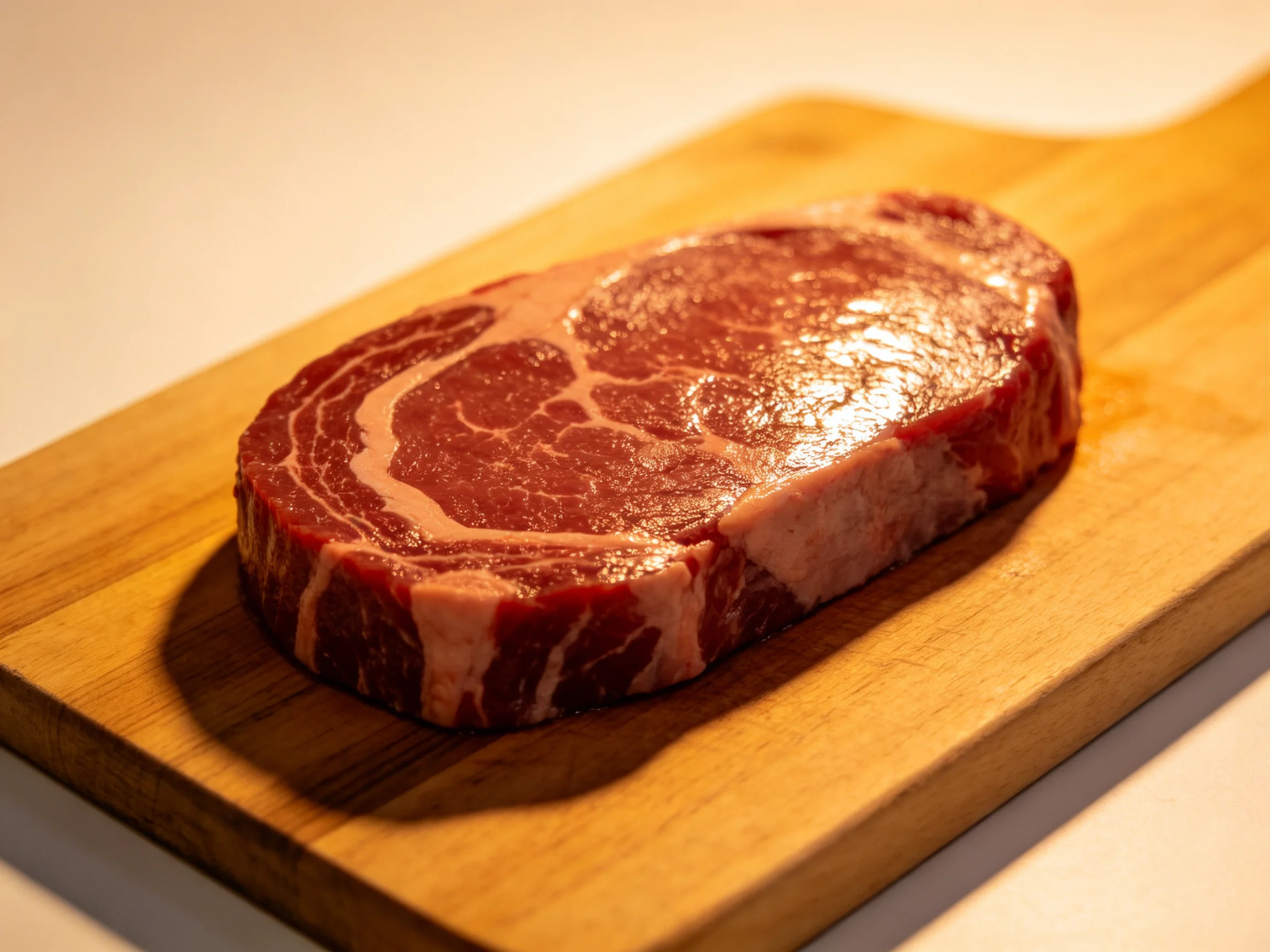 Fresh raw steak with marbling on a wooden cutting board
