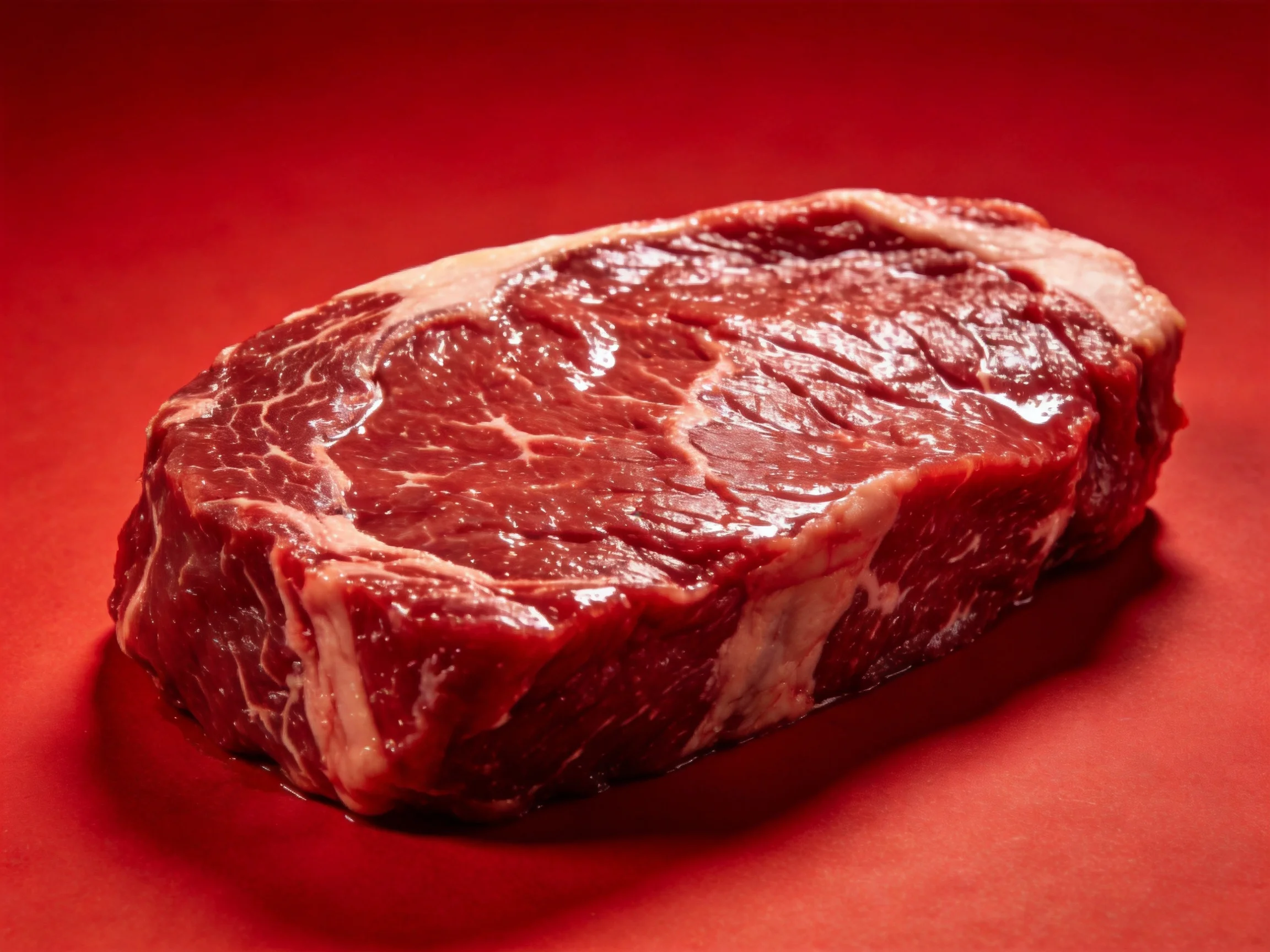 Fresh raw steak with marbling on red surface