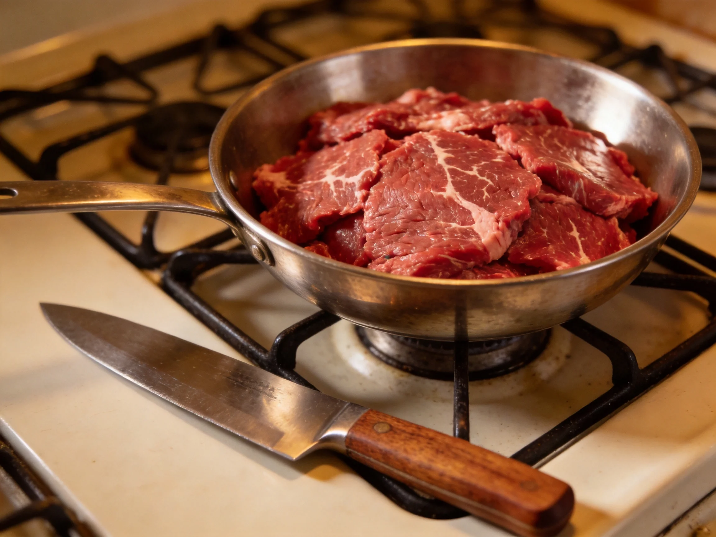 Fresh red beef slices in a metal pan on a gas stove