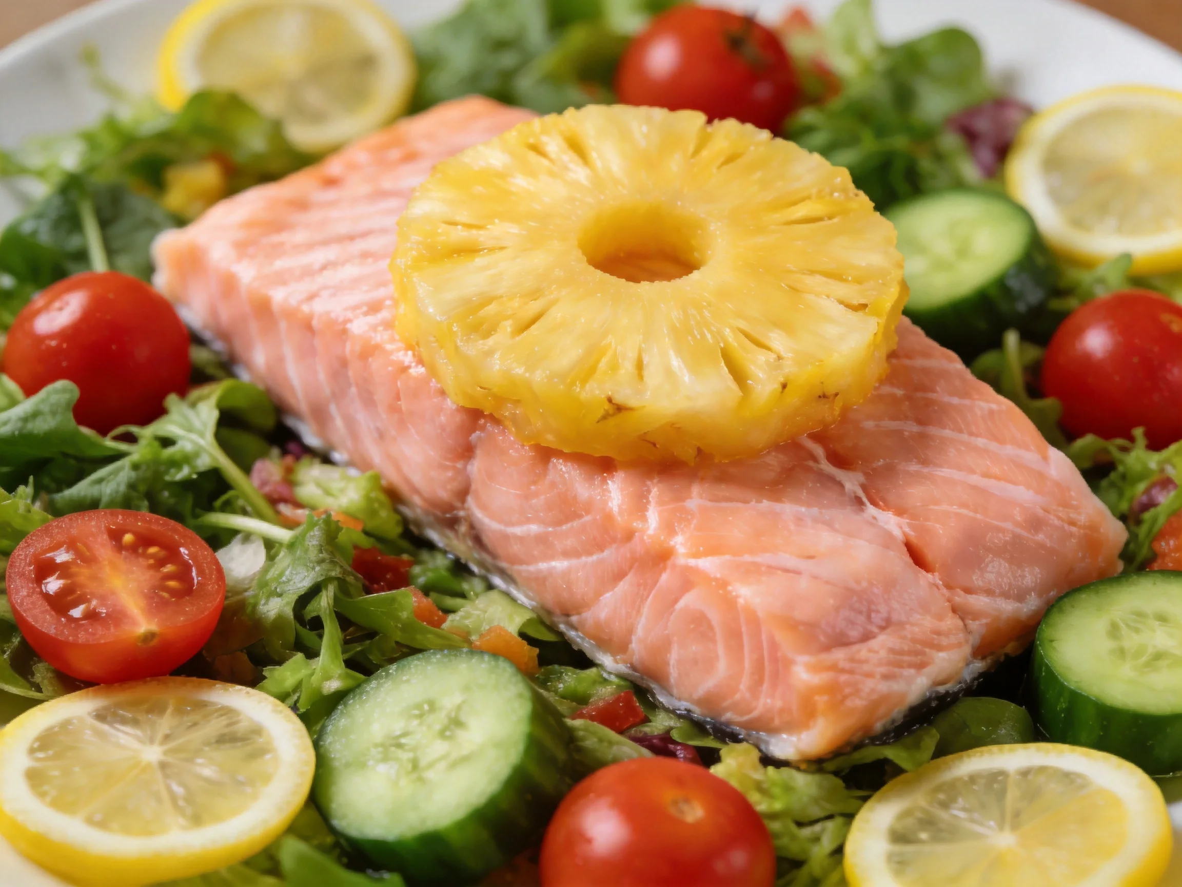 Fresh salmon fillet topped with pineapple, mixed greens, cherry tomatoes, cucumber, lemon slices