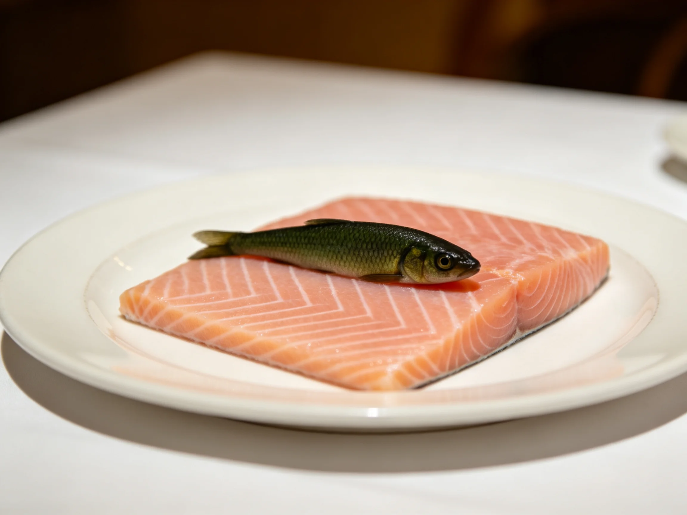Fresh salmon fillet with a small dark-green fish on a white plate