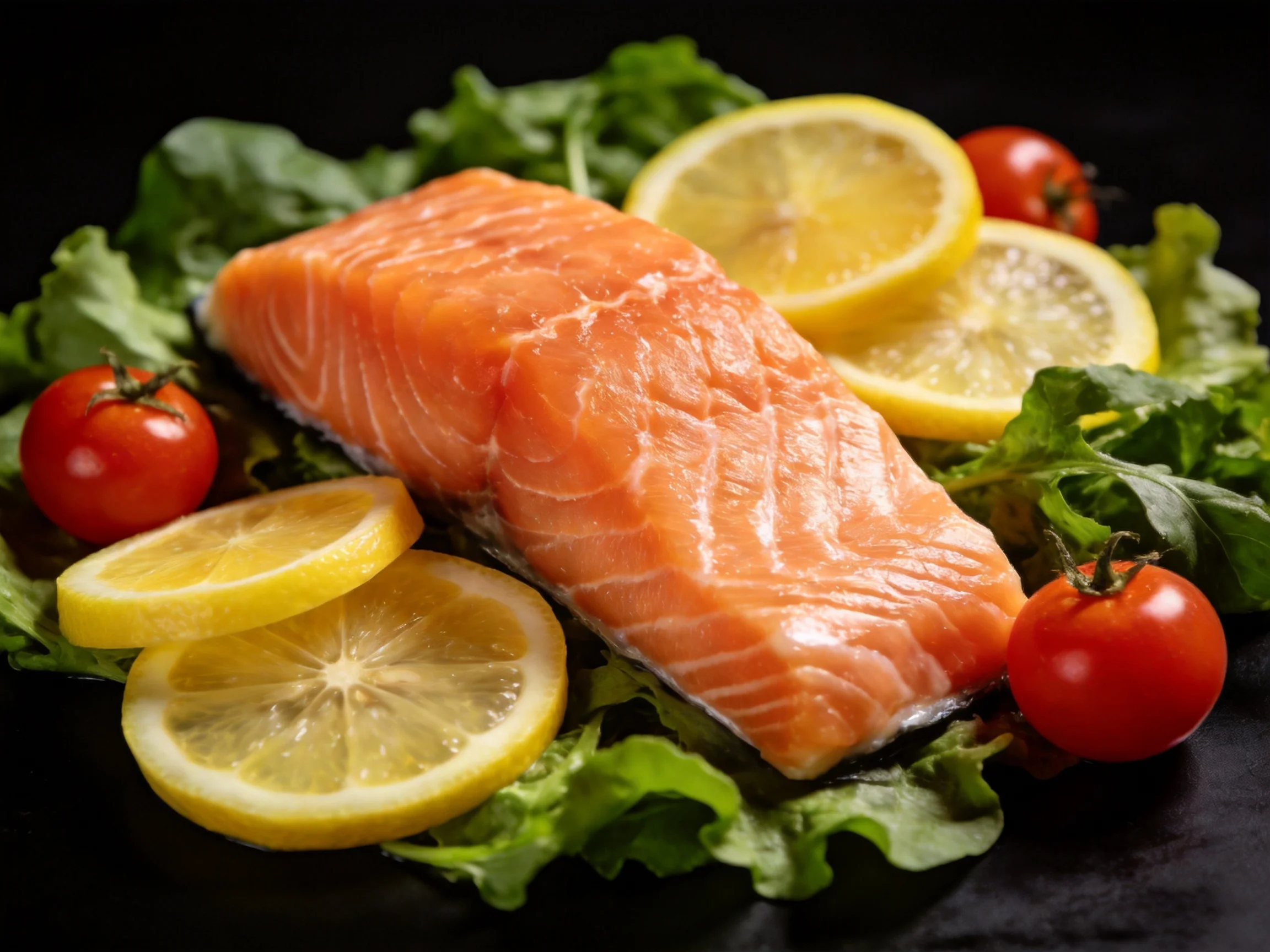 Fresh salmon fillet with lemon slices, cherry tomatoes, and leafy greens