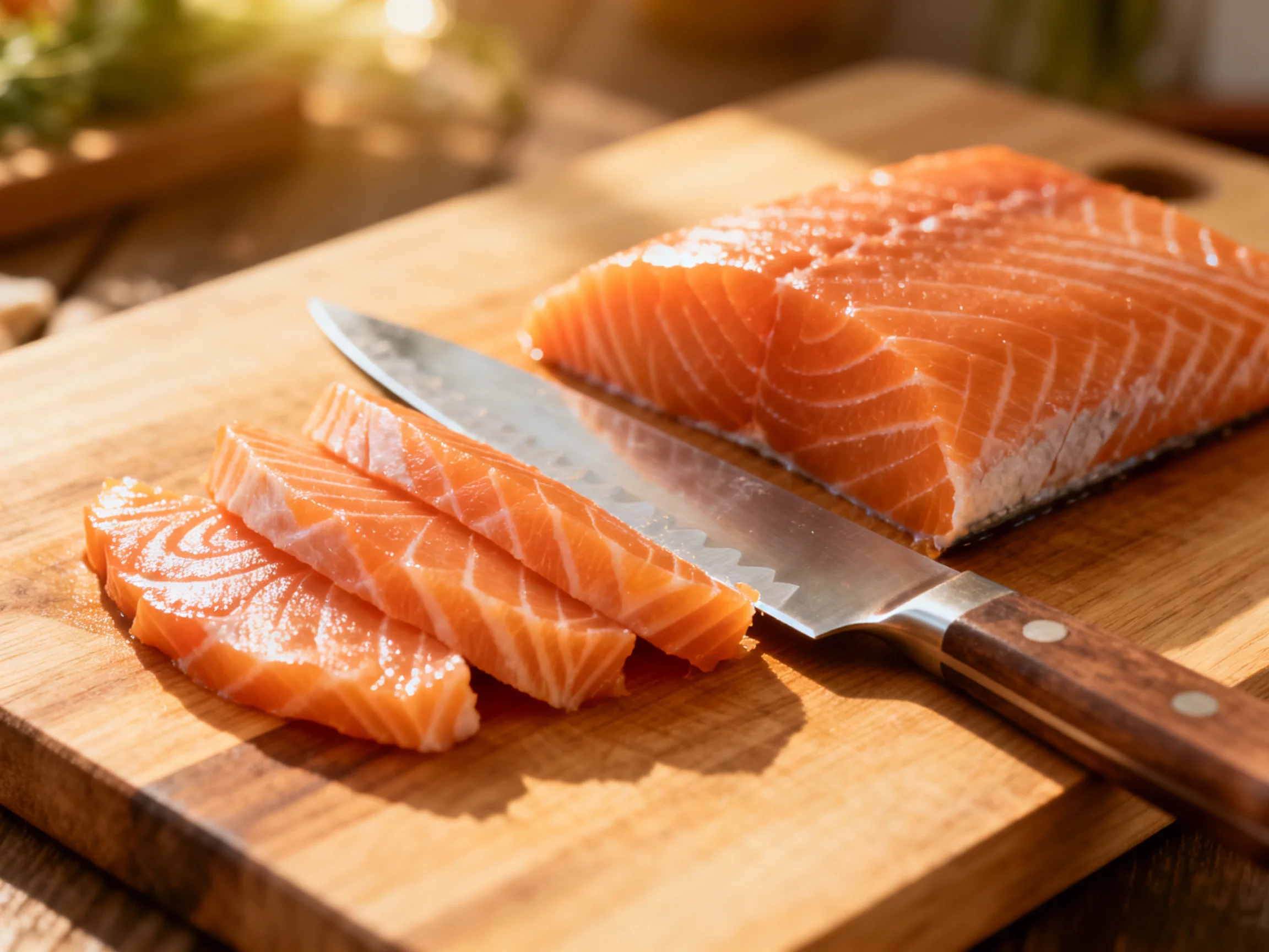 Fresh salmon fillets sliced on a wooden cutting board