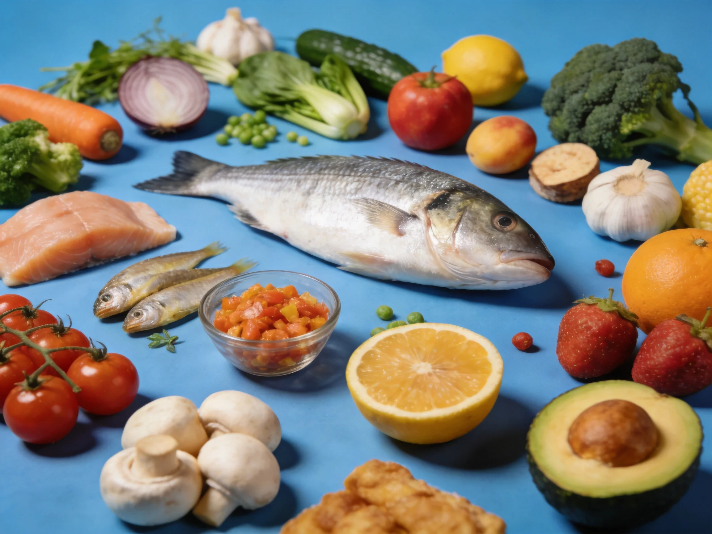 Fresh seafood and assorted fruits, vegetables on a blue display