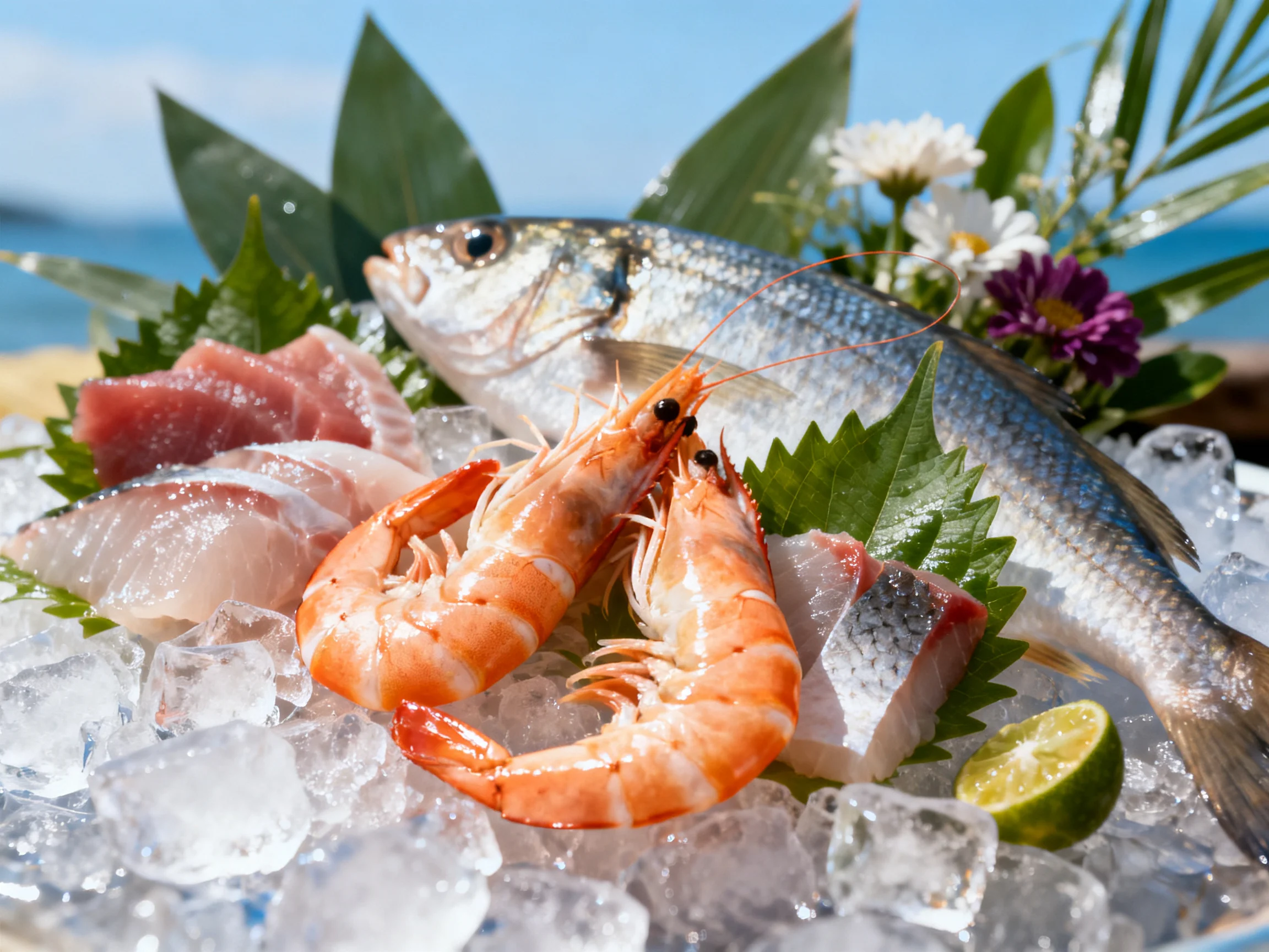 Fresh seafood assortment with shrimp, fish, and sashimi on ice