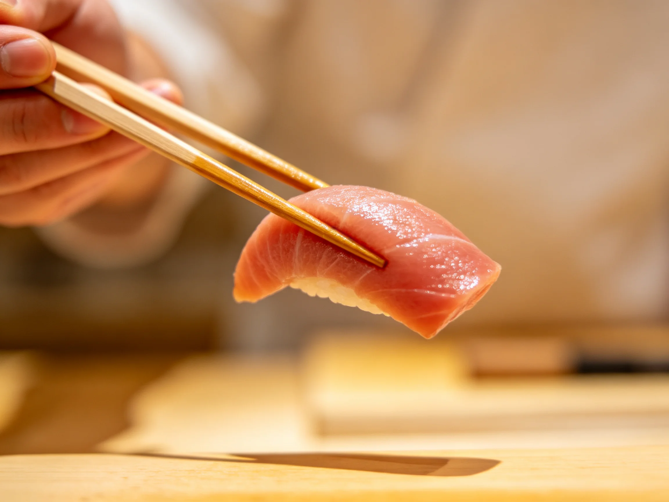 Fresh tuna nigiri sushi held by wooden chopsticks