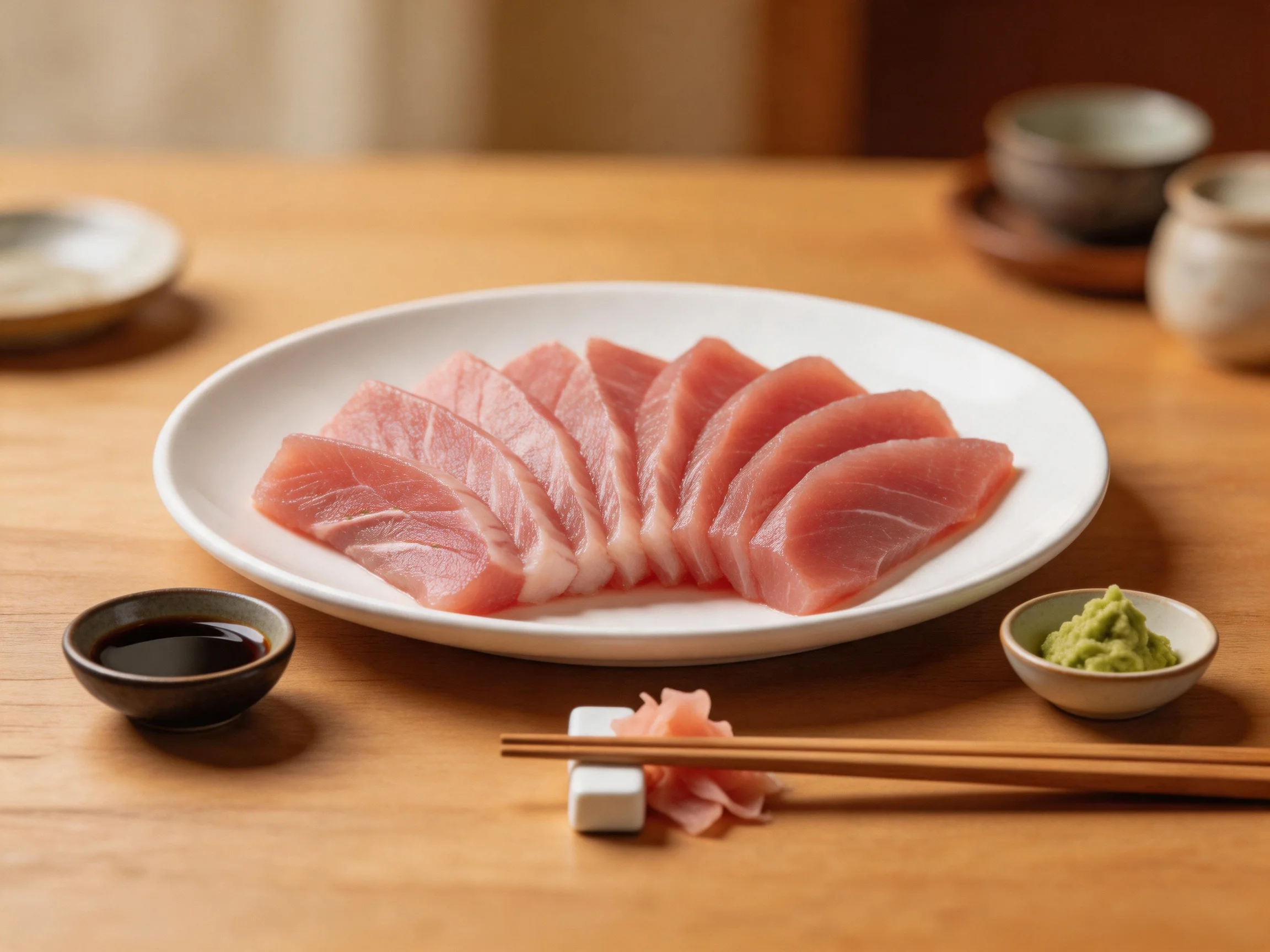 Fresh tuna sashimi arranged on a white plate with soy sauce and wasabi